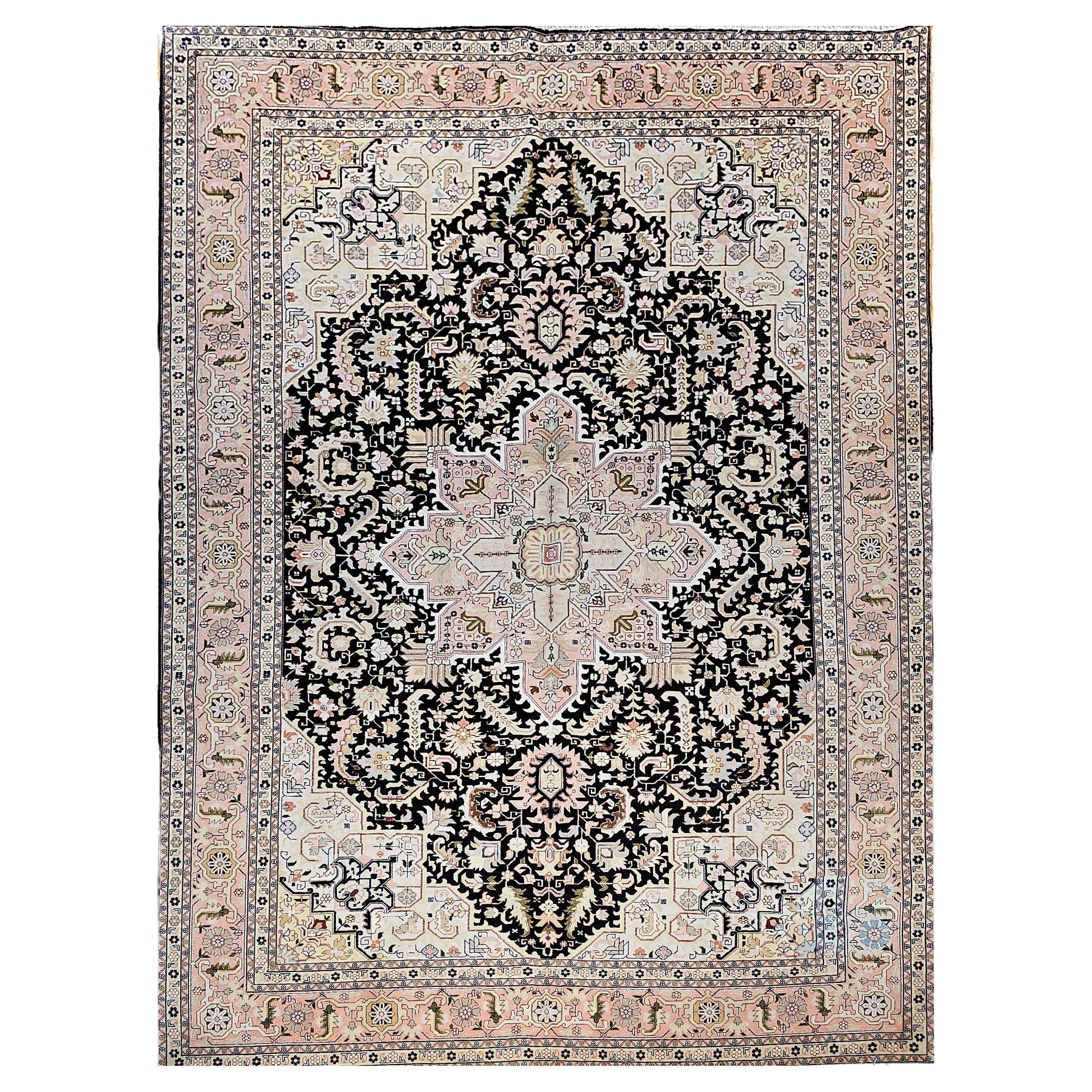 Fine Persian Tabriz in Geometric Heriz Pattern in Black, Pink, Ivory, Yellow For Sale