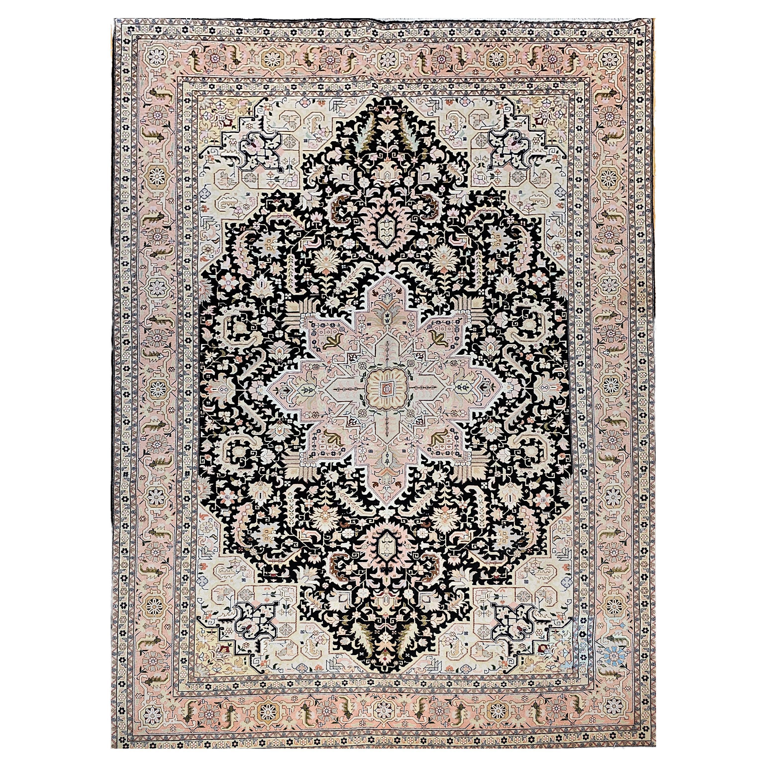 Persian Tabriz Rug With Geometric Heriz Pattern in Black, Pink, Ivory, Brown For Sale