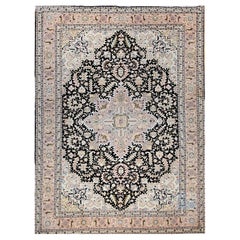 Vintage Fine Persian Tabriz in Geometric Heriz Pattern in Black, Pink, Ivory, Yellow