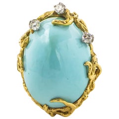 Vintage Fine Persian Turquoise Ring .30 Carat Diamonds 14 Karat Gold