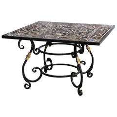 Fine Pietra Dura Square Black Marble Table with Intricate Inlay Work