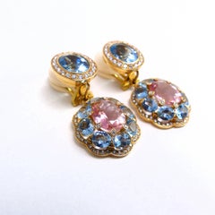 Earrings in Rose Gold with 2 Pink Tourmaline and 16 Aquamarines and Diamonds.