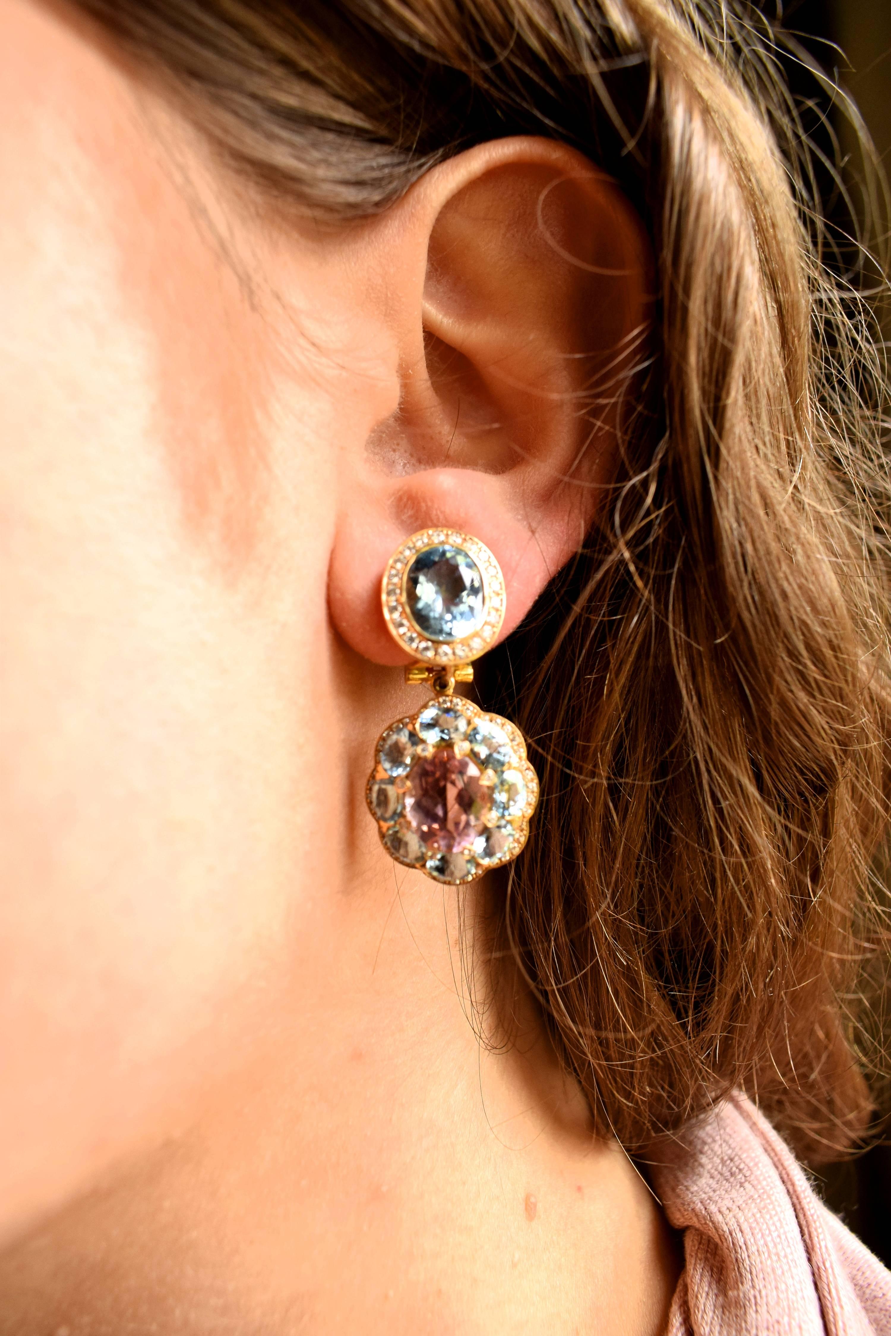 Oval Cut Earrings in Rose Gold with 2 Pink Tourmaline and 16 Aquamarines and Diamonds.  For Sale