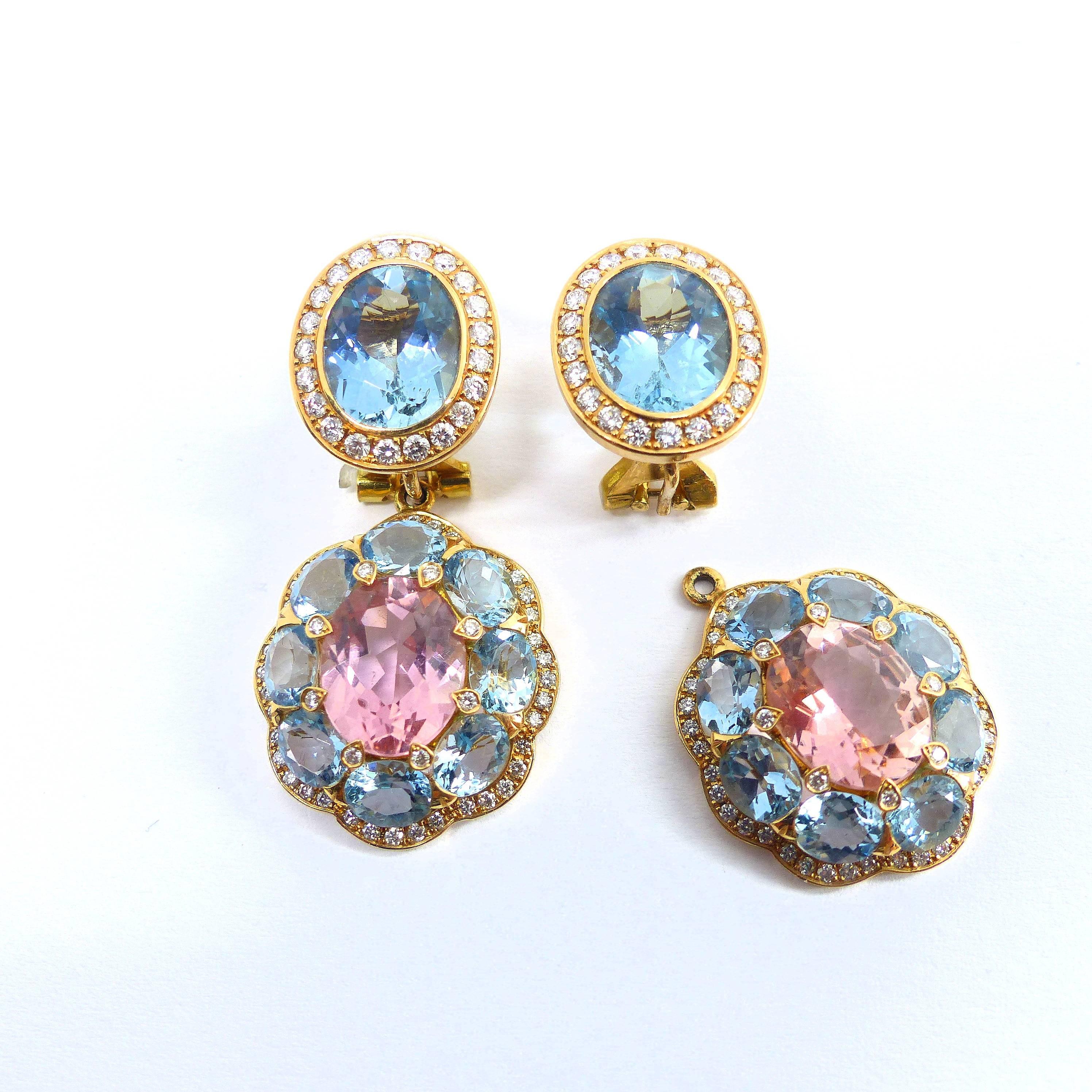 Women's Earrings in Rose Gold with 2 Pink Tourmaline and 16 Aquamarines and Diamonds.  For Sale