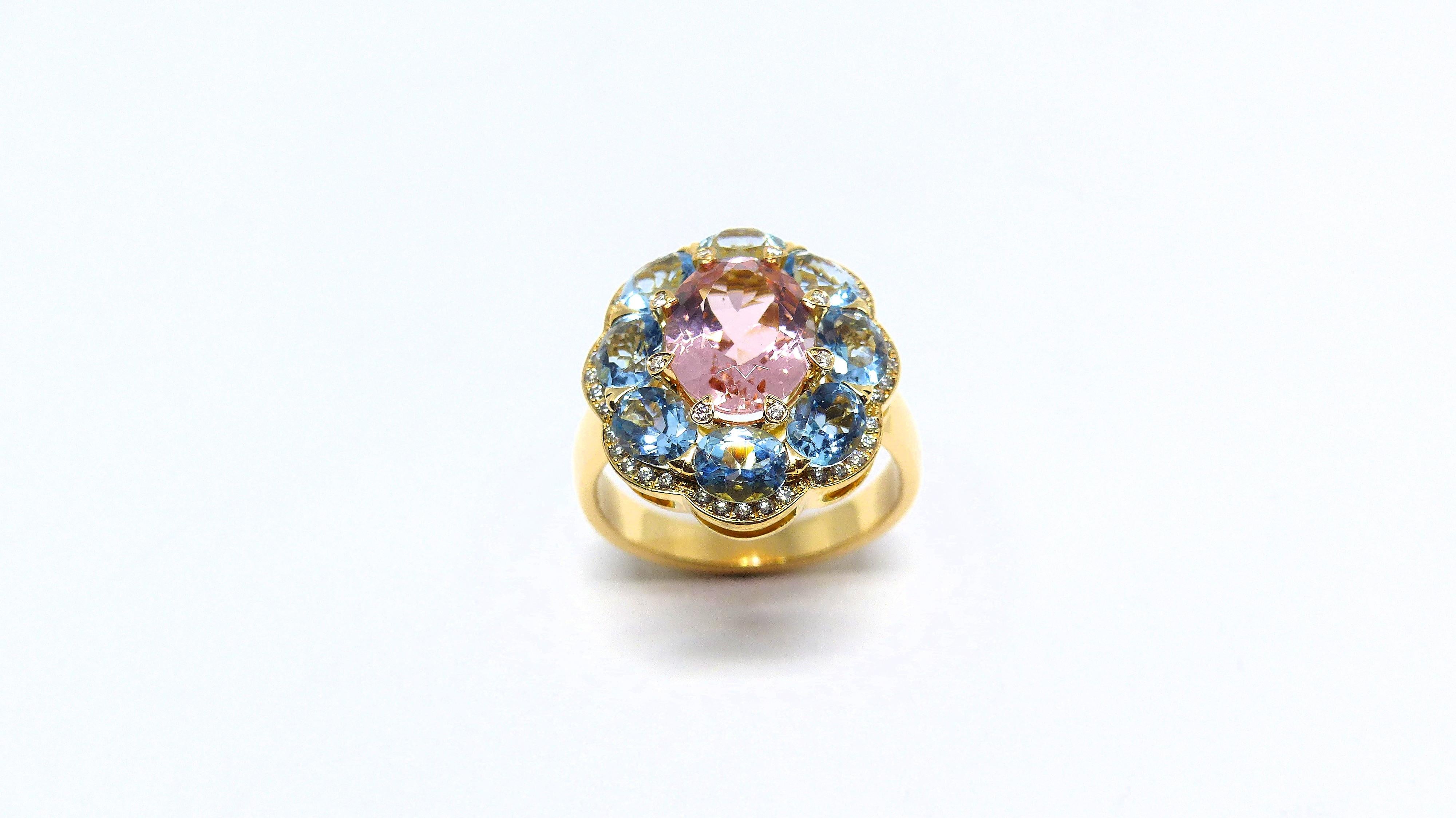 Thomas Leyser is renowned for his contemporary jewellery designs utilizing fine gemstones. 

This 18k rose gold ring 8,52gr. with 1 pink Tourmaline top quality facetted oval 10x8mm, 2,25cts. + 8 Aqumarines top quality facetted oval 5x4mm, 2,25cts. +