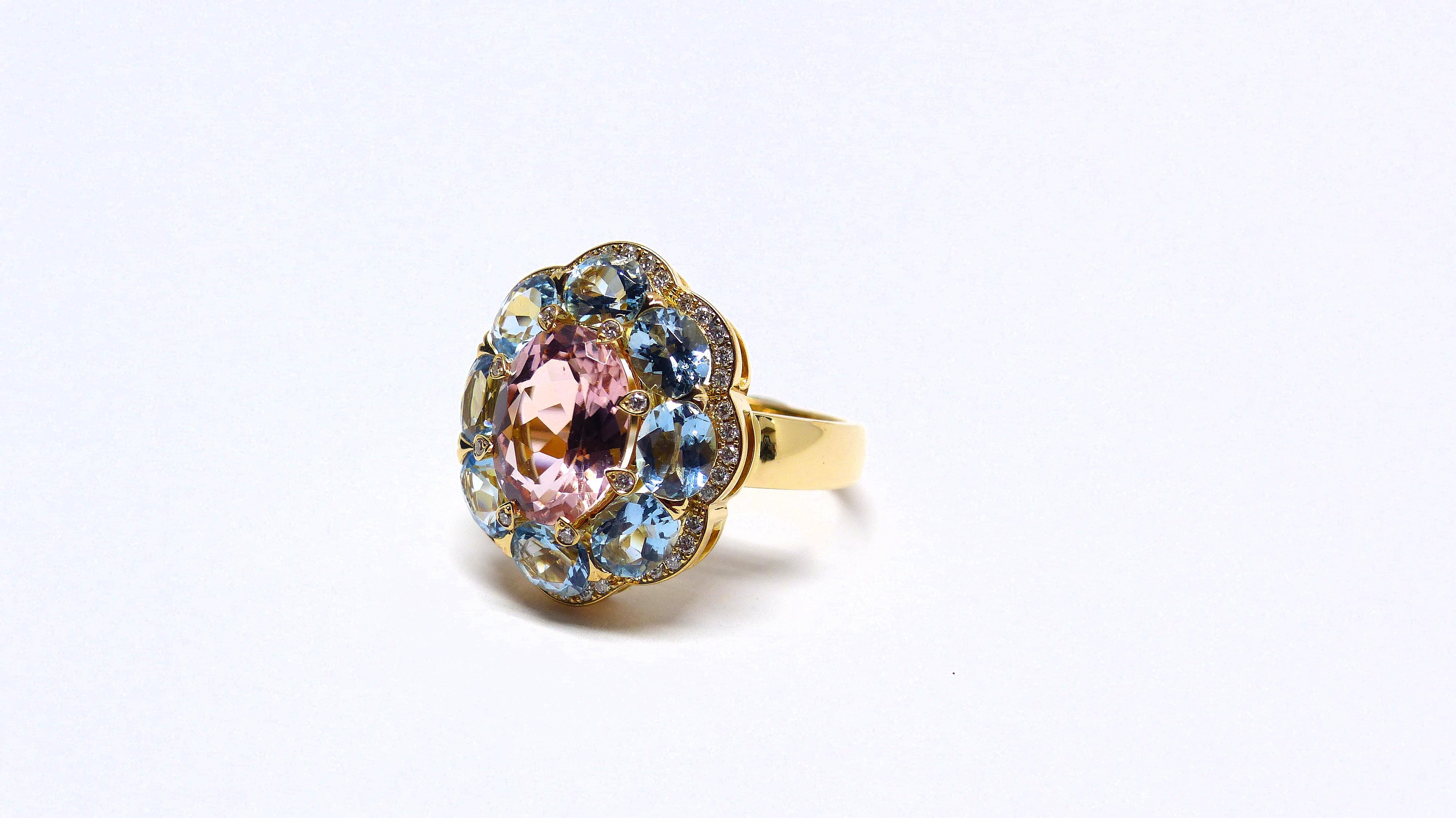 Oval Cut Fine Pink Tourmaline, Aquamarine and Diamond 18 Karat Rose Gold Ring