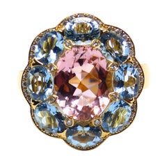 Fine Pink Tourmaline, Aquamarine and Diamond 18 Karat Rose Gold Ring