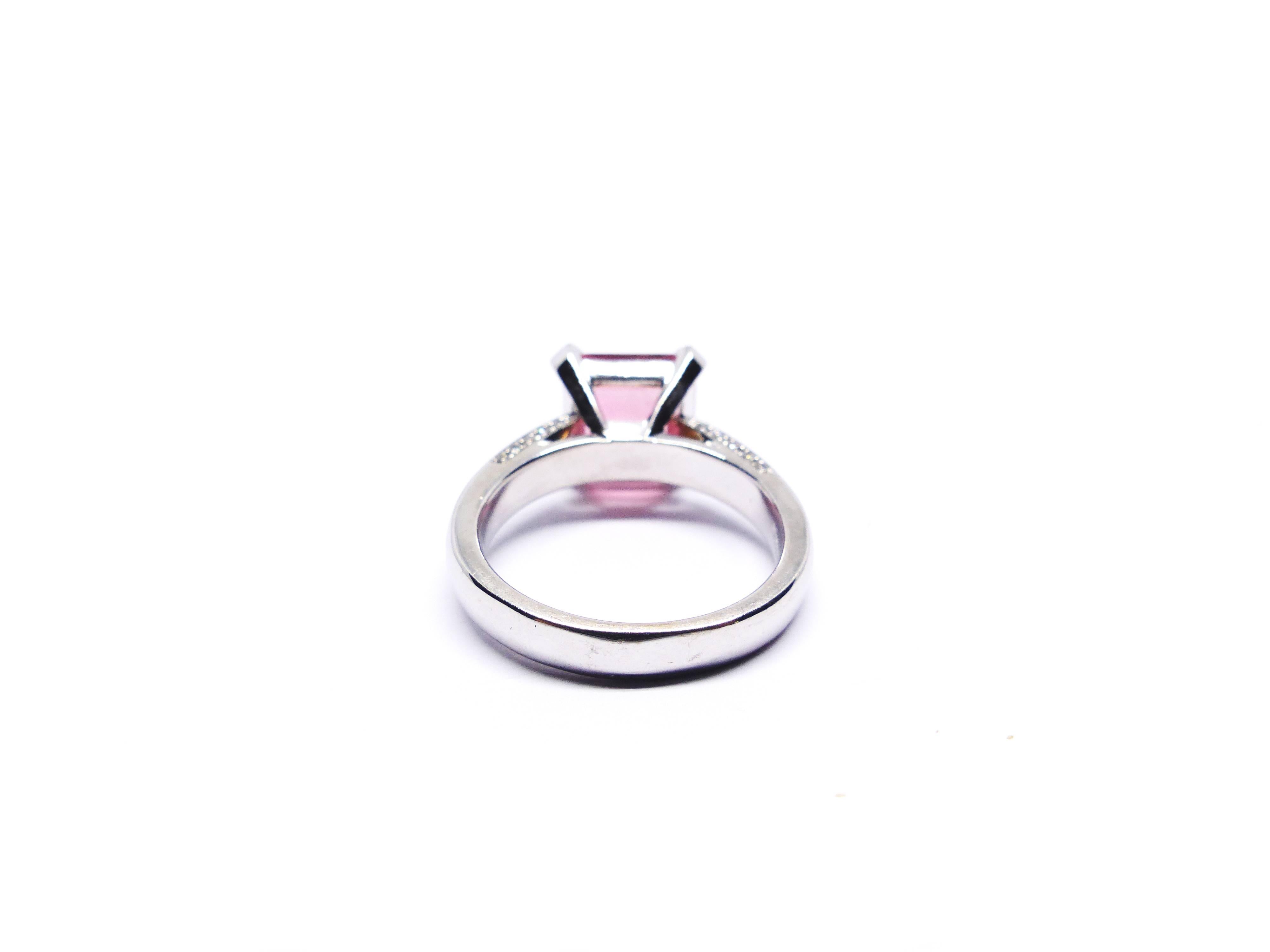 Radiant Cut White Gold 4, 08ct Pink Tourmaline & Diamonds Ring For Sale