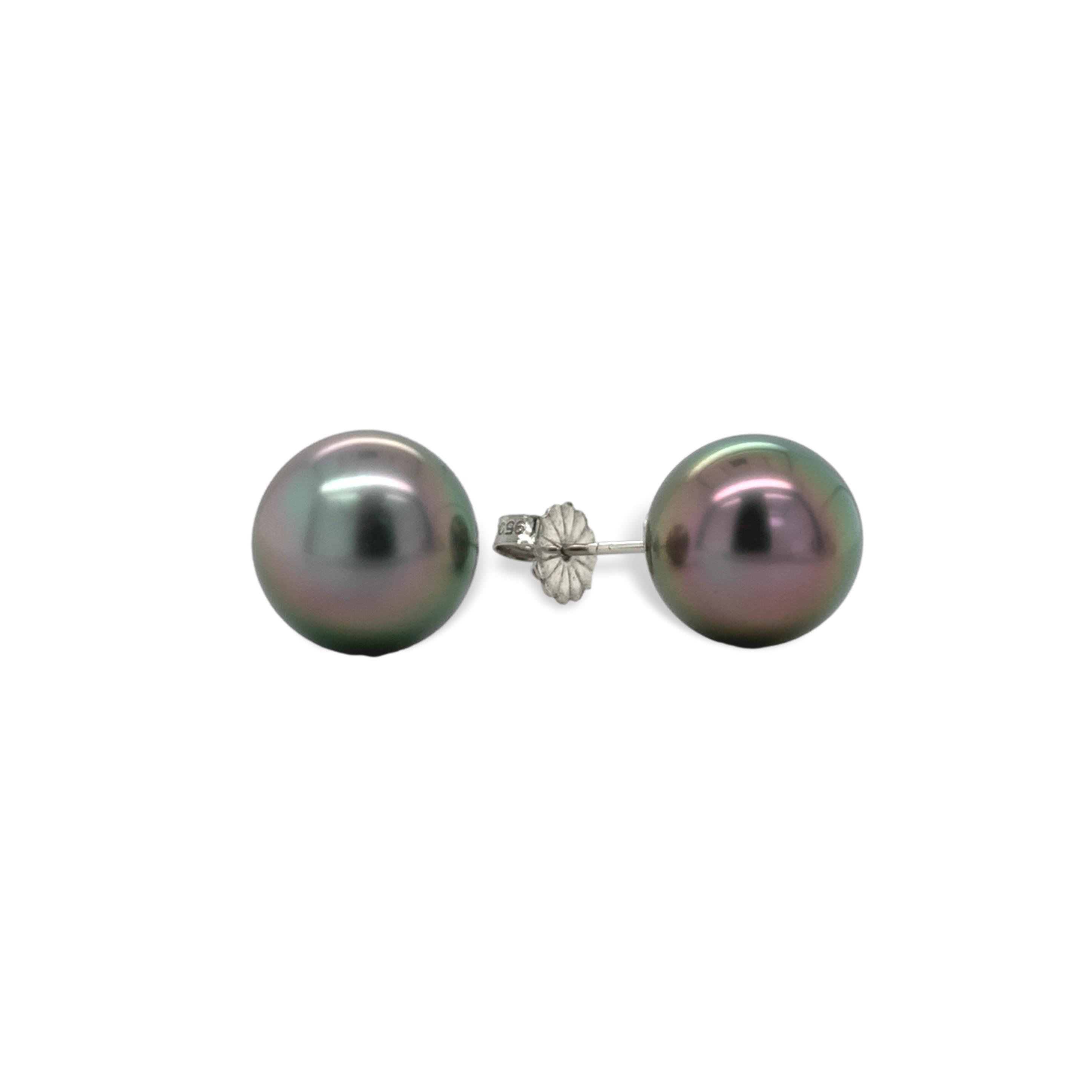Uncut Fine Platinum Stud Earrings with 10.2mm Black Tahitian Pearls For Sale