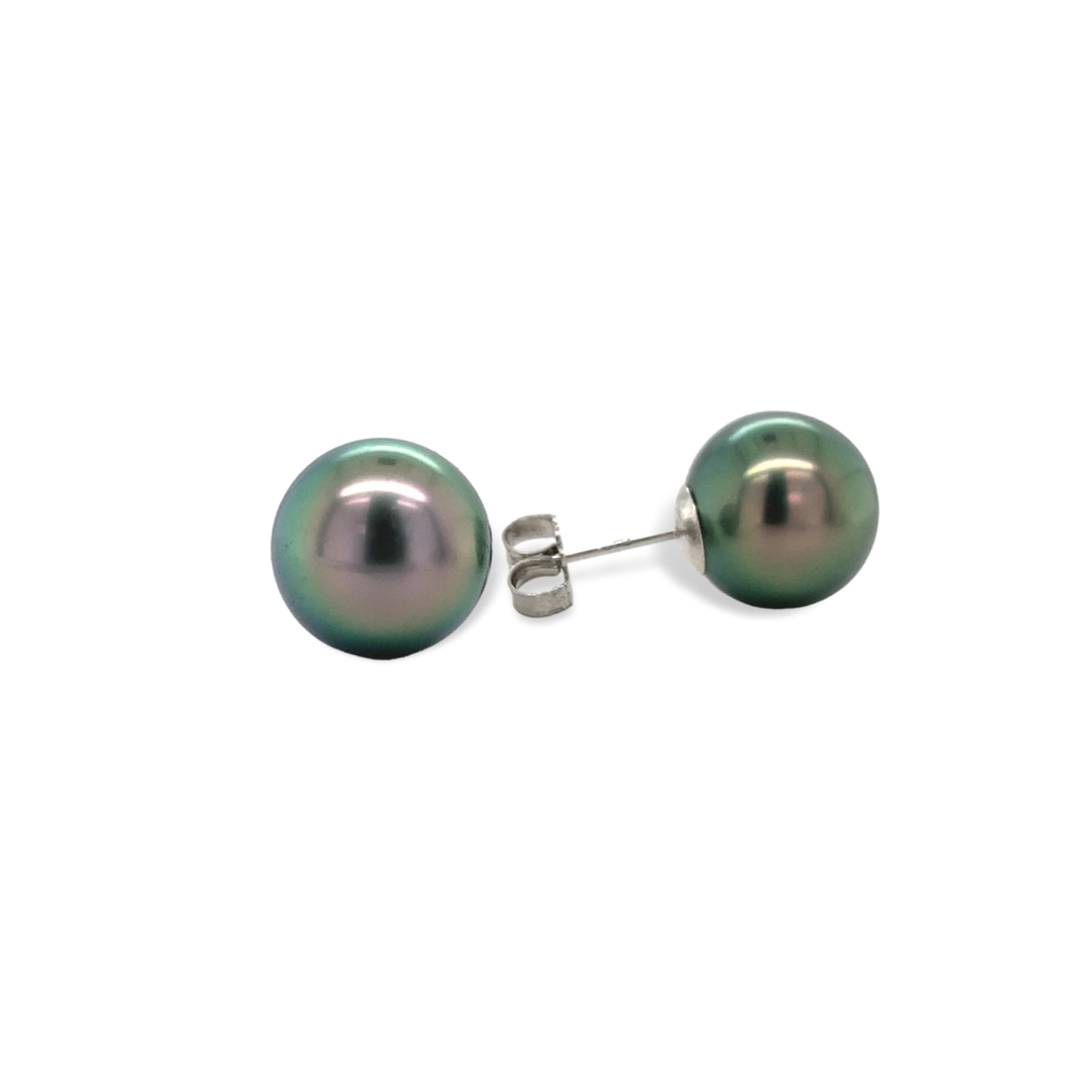 Uncut Fine Platinum Stud Earrings with 10.5mm Tahitian Pearls For Sale