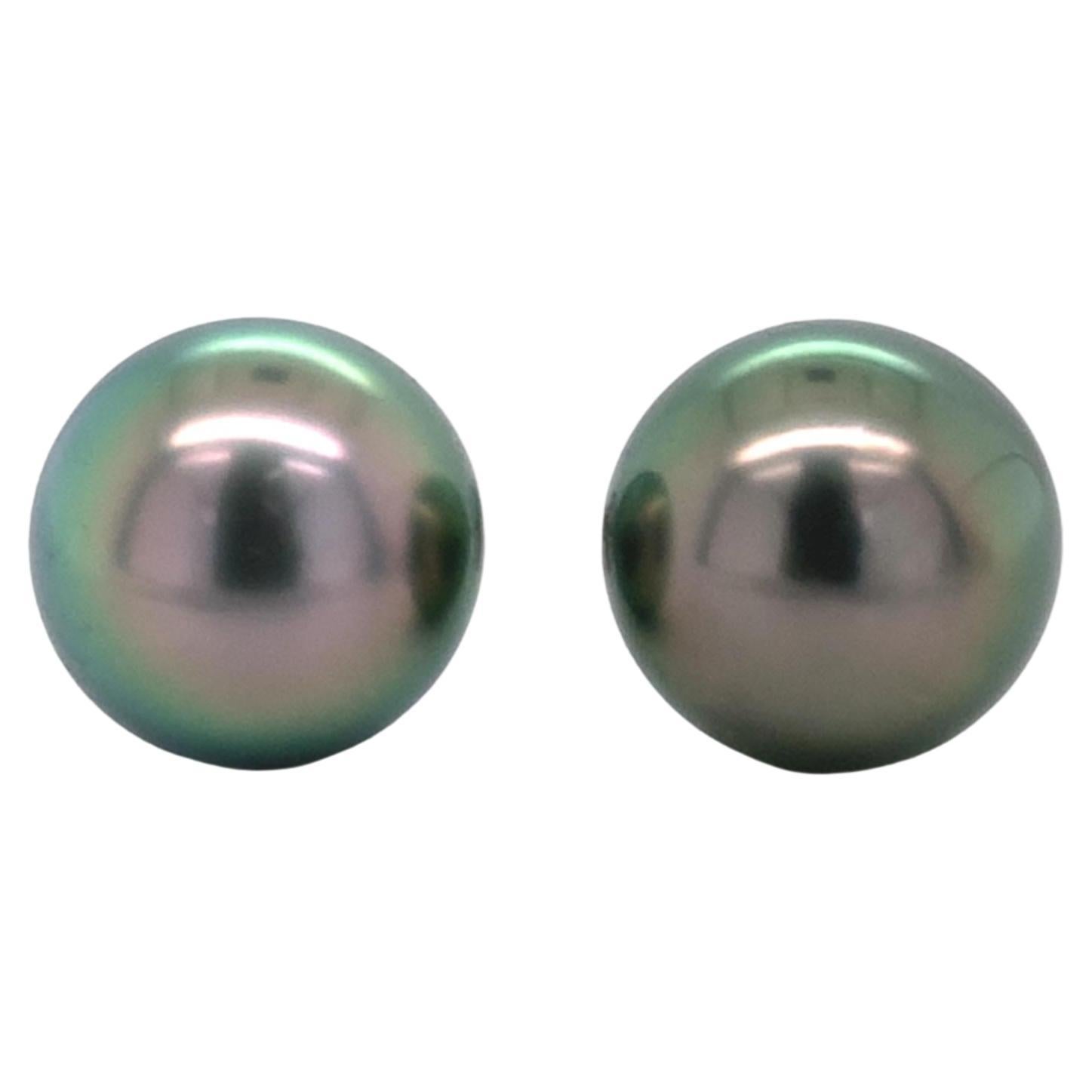 Fine Platinum Stud Earrings with 10.5mm Tahitian Pearls For Sale