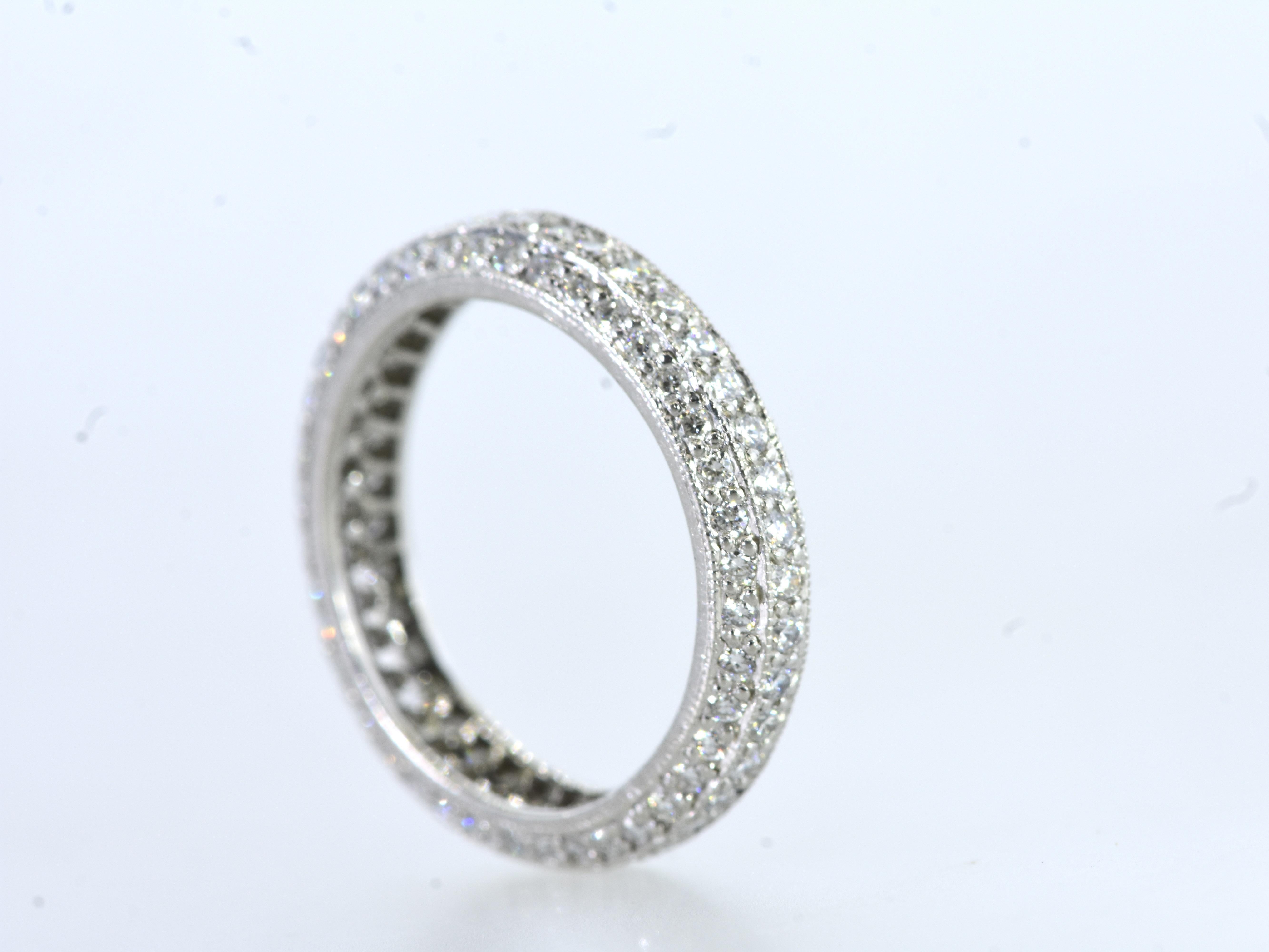 Fine brilliant cut diamond and platinum band pave set with natural diamonds (not lab grown), and weighing approximateky 1.05 cts. This hand made ring is a size 5.

These near colorless diamonds (H) are well cut and well matched. They are all very