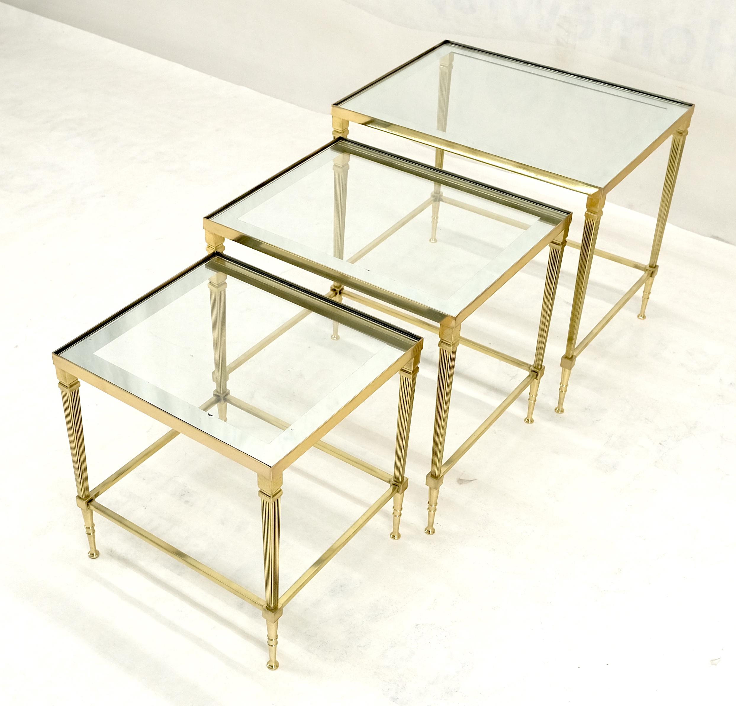 Fine Polished Brass Glass Mirrored Frames Tops Nesting Side Tables Stands Redone.
 Brass bases are refinished.