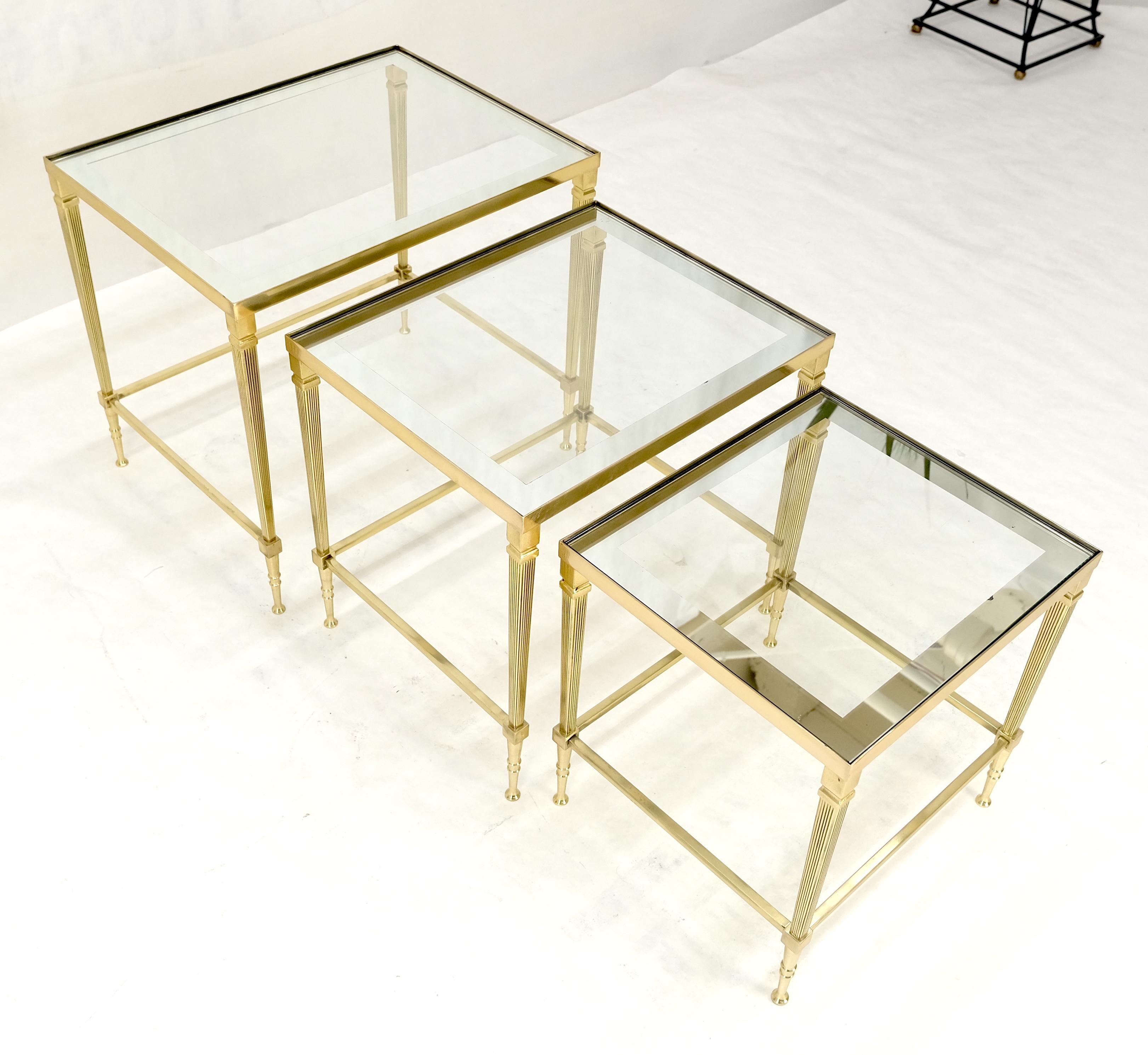 Mid-Century Modern Fine Polished Brass Glass Mirrored Frames Tops Nesting Side Tables Stands Redone For Sale
