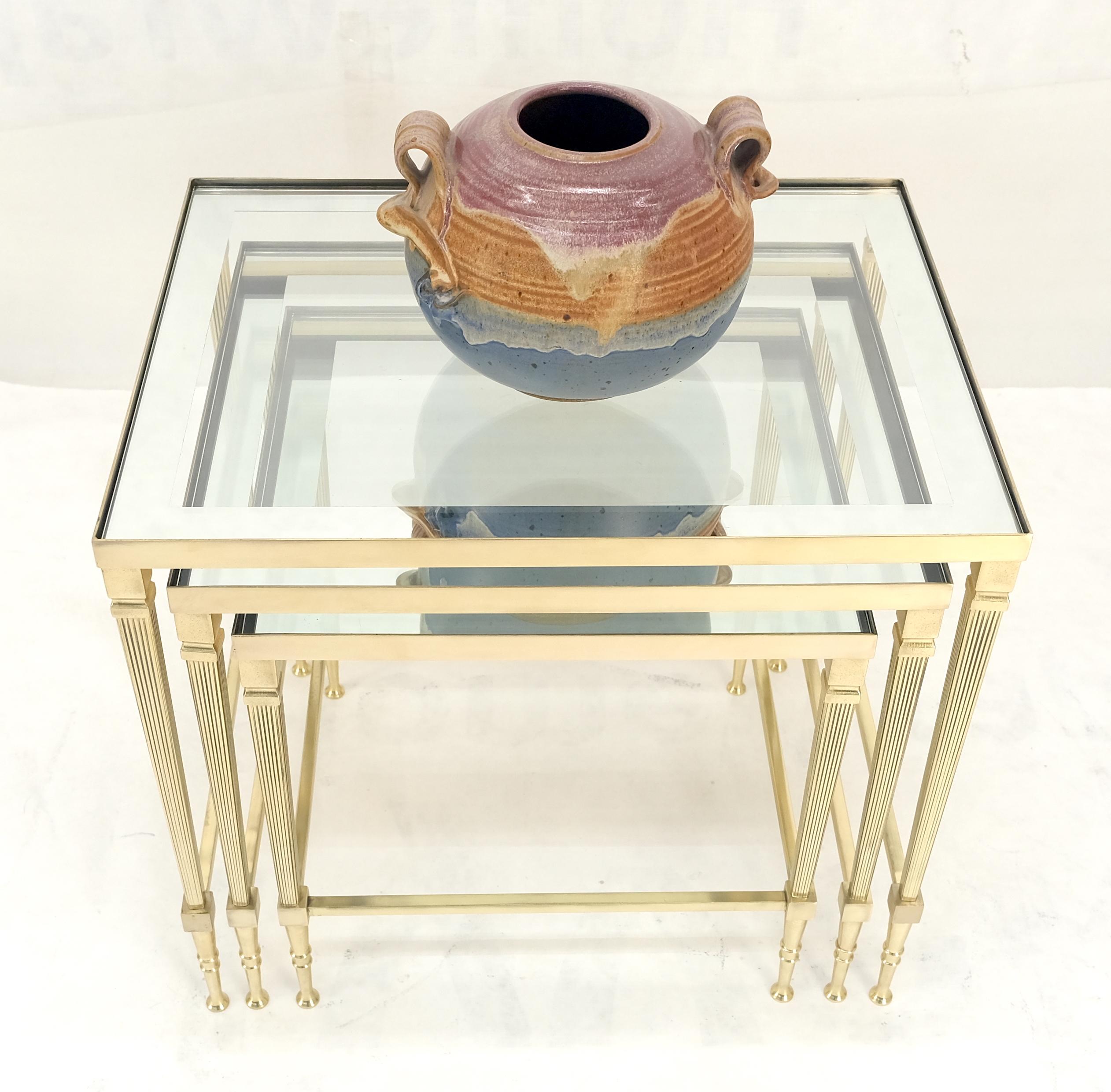 20th Century Fine Polished Brass Glass Mirrored Frames Tops Nesting Side Tables Stands Redone For Sale