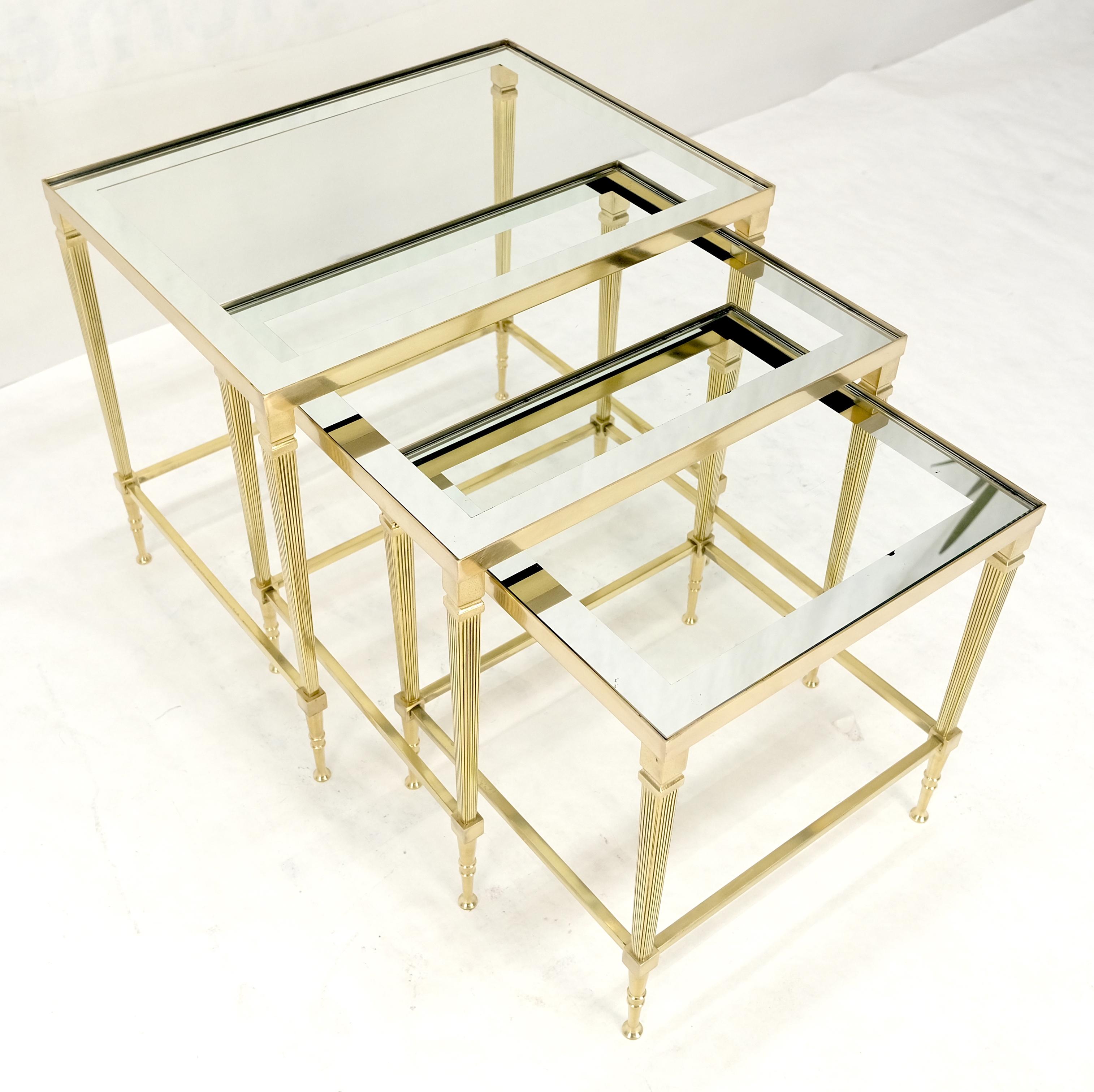 Fine Polished Brass Glass Mirrored Frames Tops Nesting Side Tables Stands Redone For Sale 2