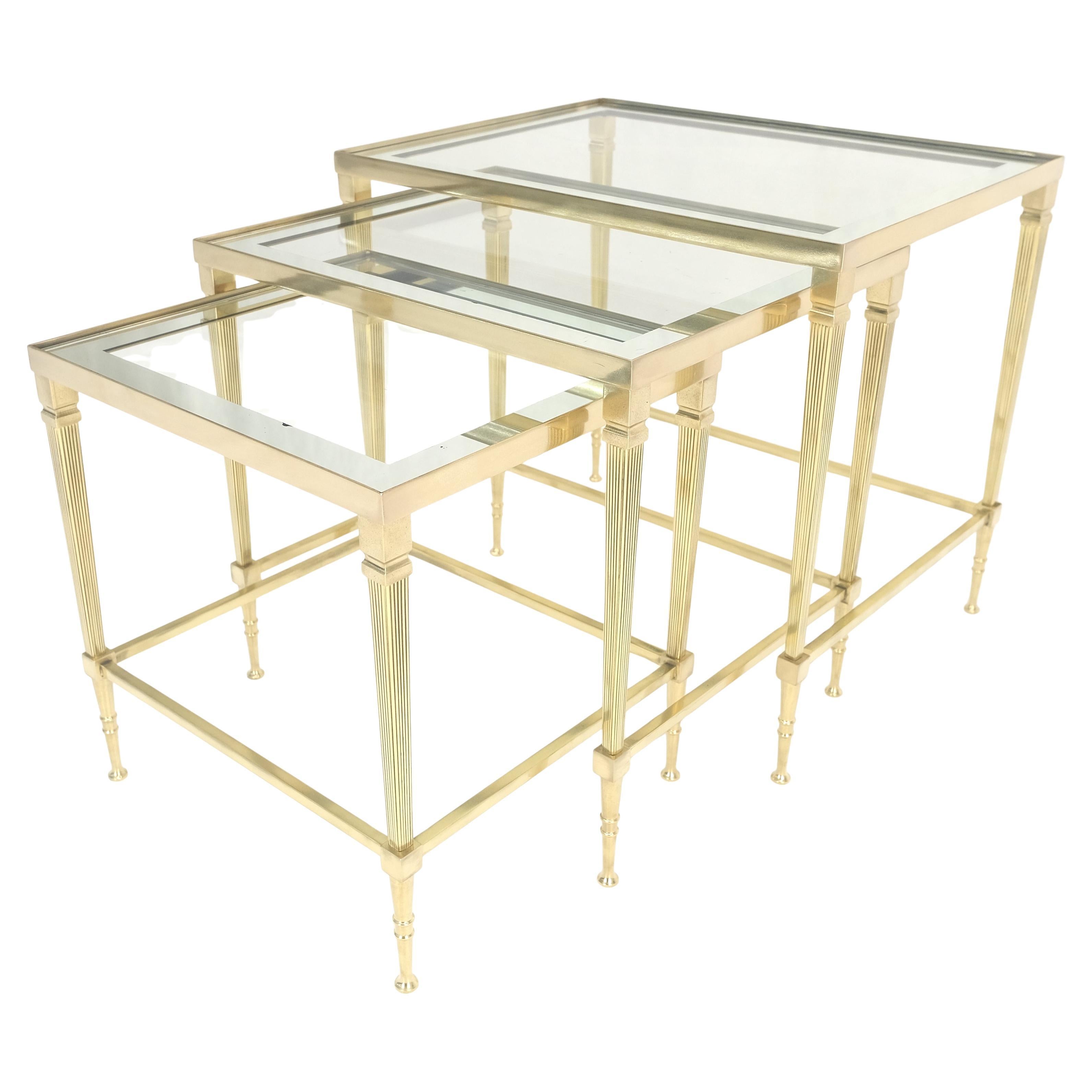 Fine Polished Brass Glass Mirrored Frames Tops Nesting Side Tables Stands Redone For Sale