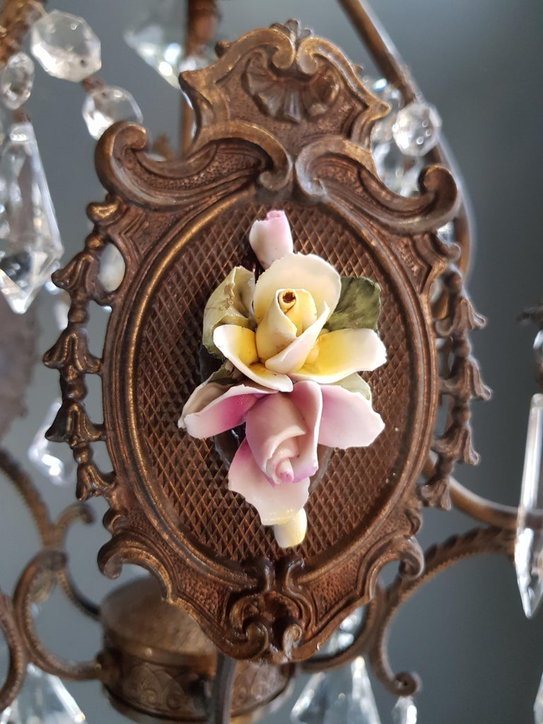Fine Porcelain Cage Yellow Pink Crystal Chandelier Antique Ceiling Lamp Lustre For Sale 2