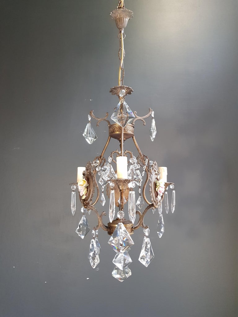 Art Nouveau Fine Porcelain Cage Yellow Pink Crystal Chandelier Antique Ceiling Lamp Lustre For Sale