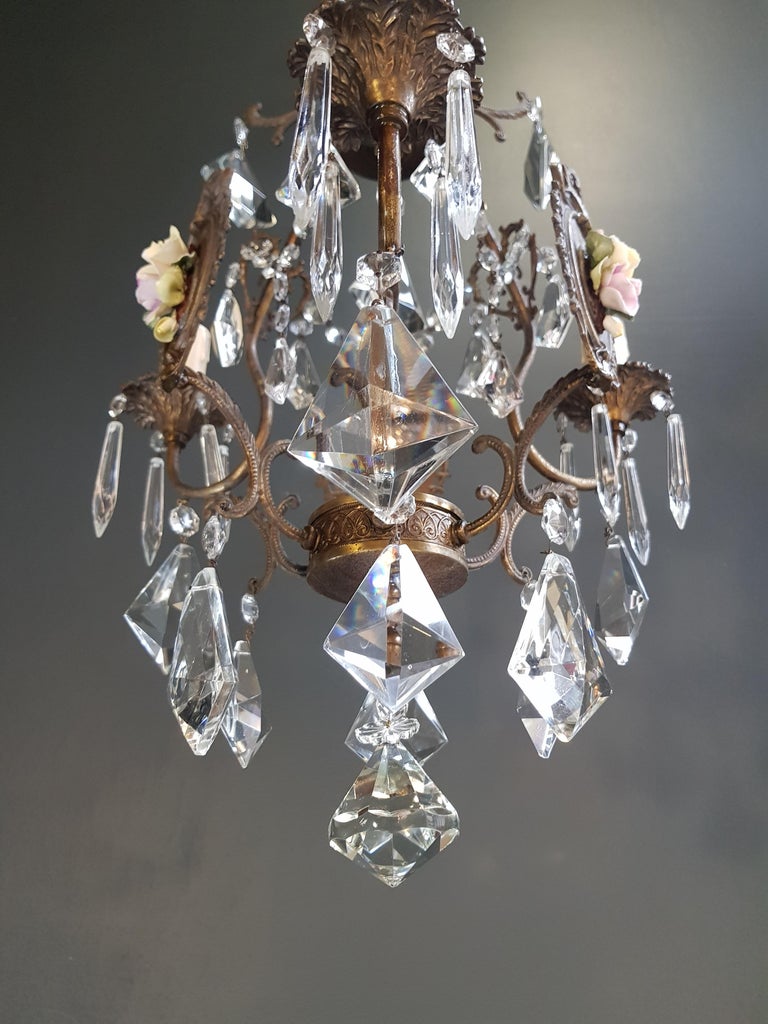Fine Porcelain Cage Yellow Pink Crystal Chandelier Antique Ceiling Lamp Lustre In Good Condition For Sale In Berlin, DE