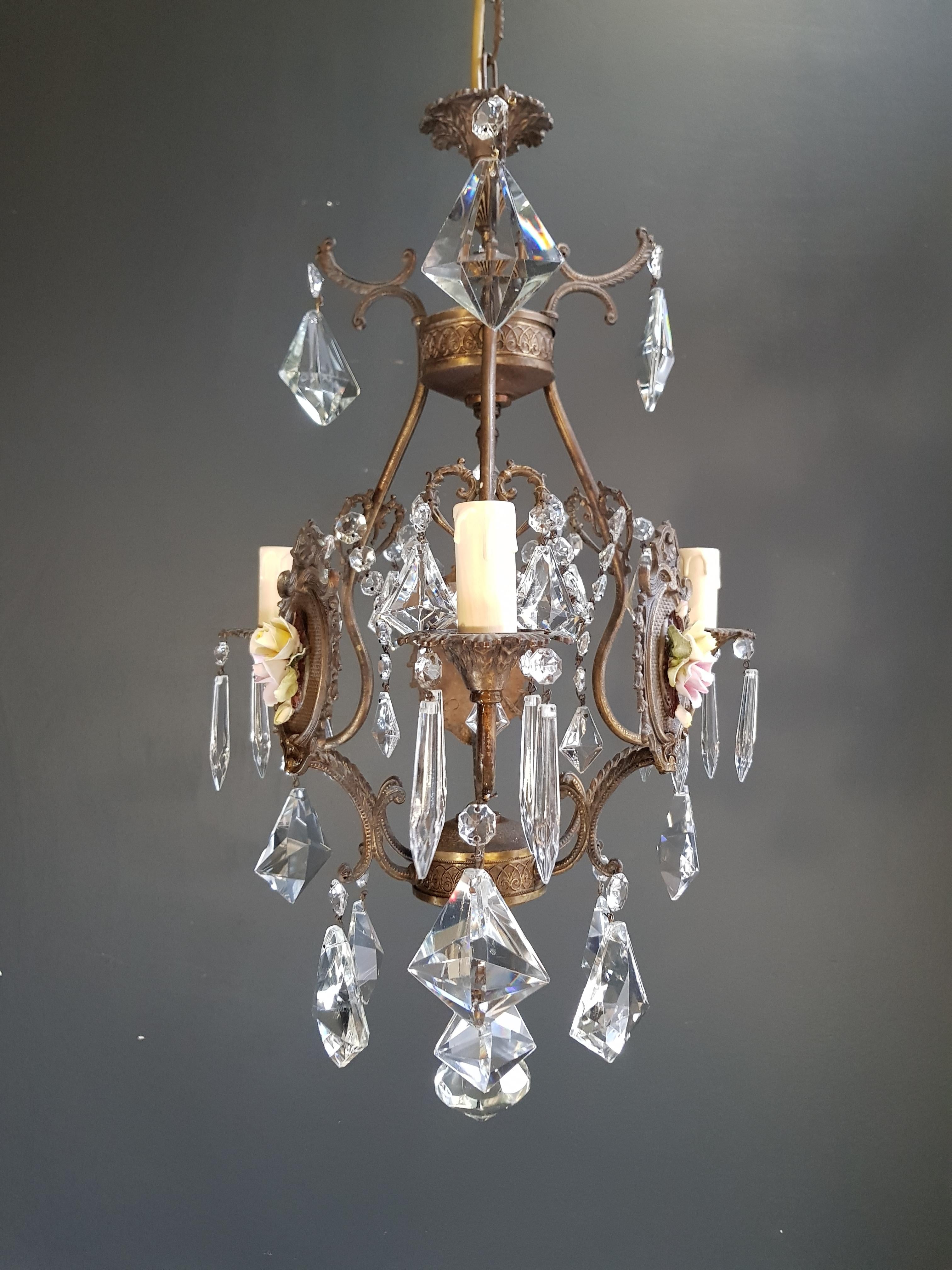 Mid-20th Century Fine Porcelain Cage Yellow Pink Crystal Chandelier Antique Ceiling Lamp Lustre