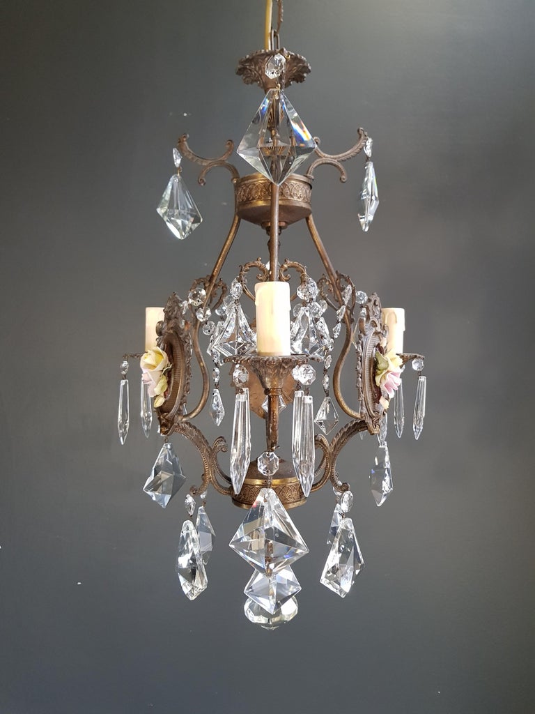 Mid-20th Century Fine Porcelain Cage Yellow Pink Crystal Chandelier Antique Ceiling Lamp Lustre For Sale