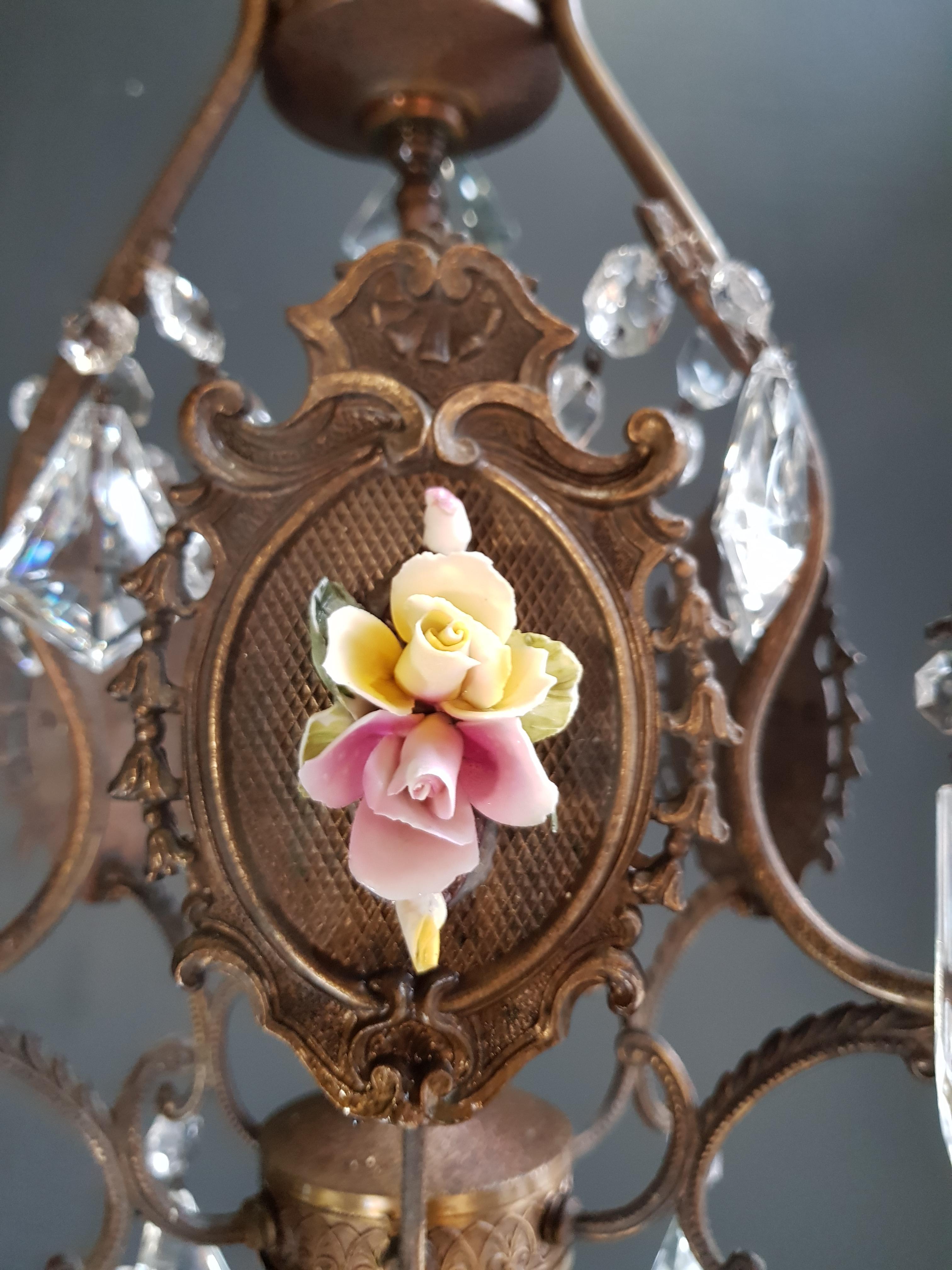 Feines Porzellan Käfig Gelb Rosa Kristall Kronleuchter Antike Deckenlampe Lüster (Messing)