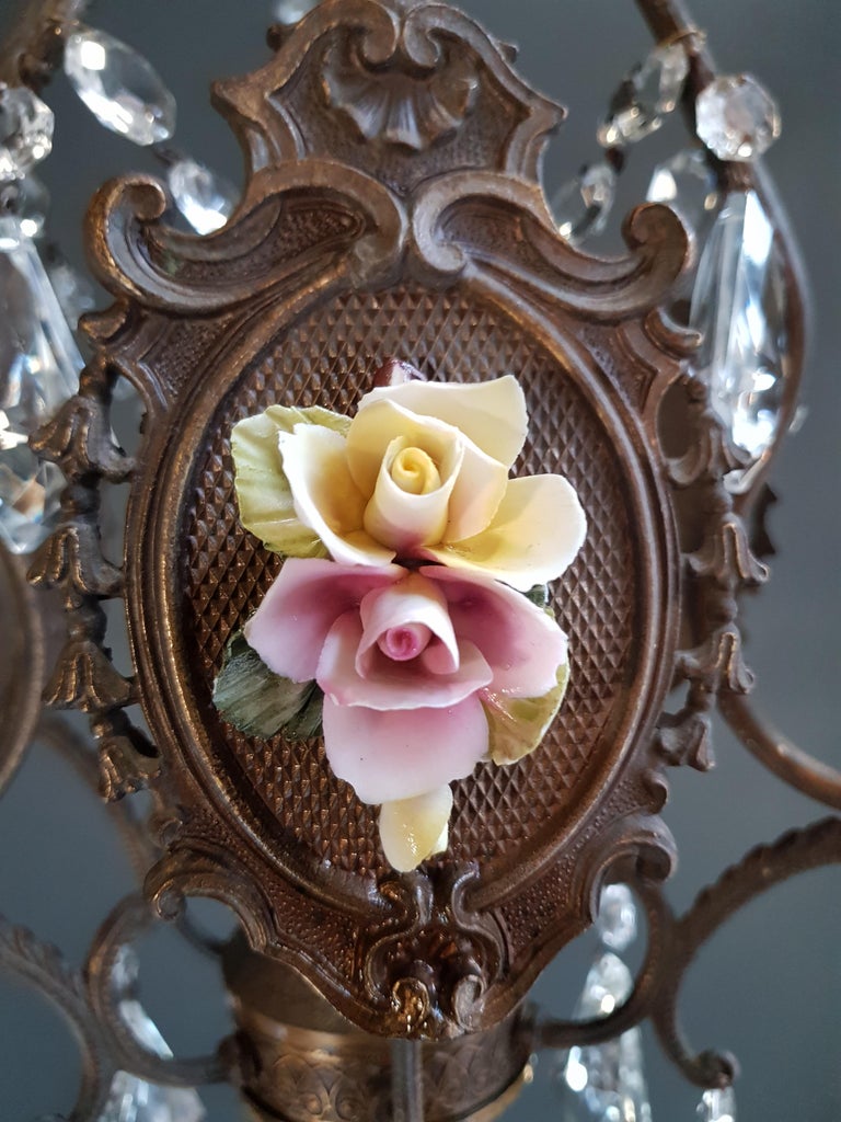 Fine Porcelain Cage Yellow Pink Crystal Chandelier Antique Ceiling Lamp Lustre For Sale 1