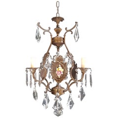 Fine Porcelain Cage Yellow Pink Crystal Chandelier Vintage Ceiling Lamp Lustre