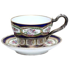 Used Fine Porcelain Silver Mounted Teacup and Saucer