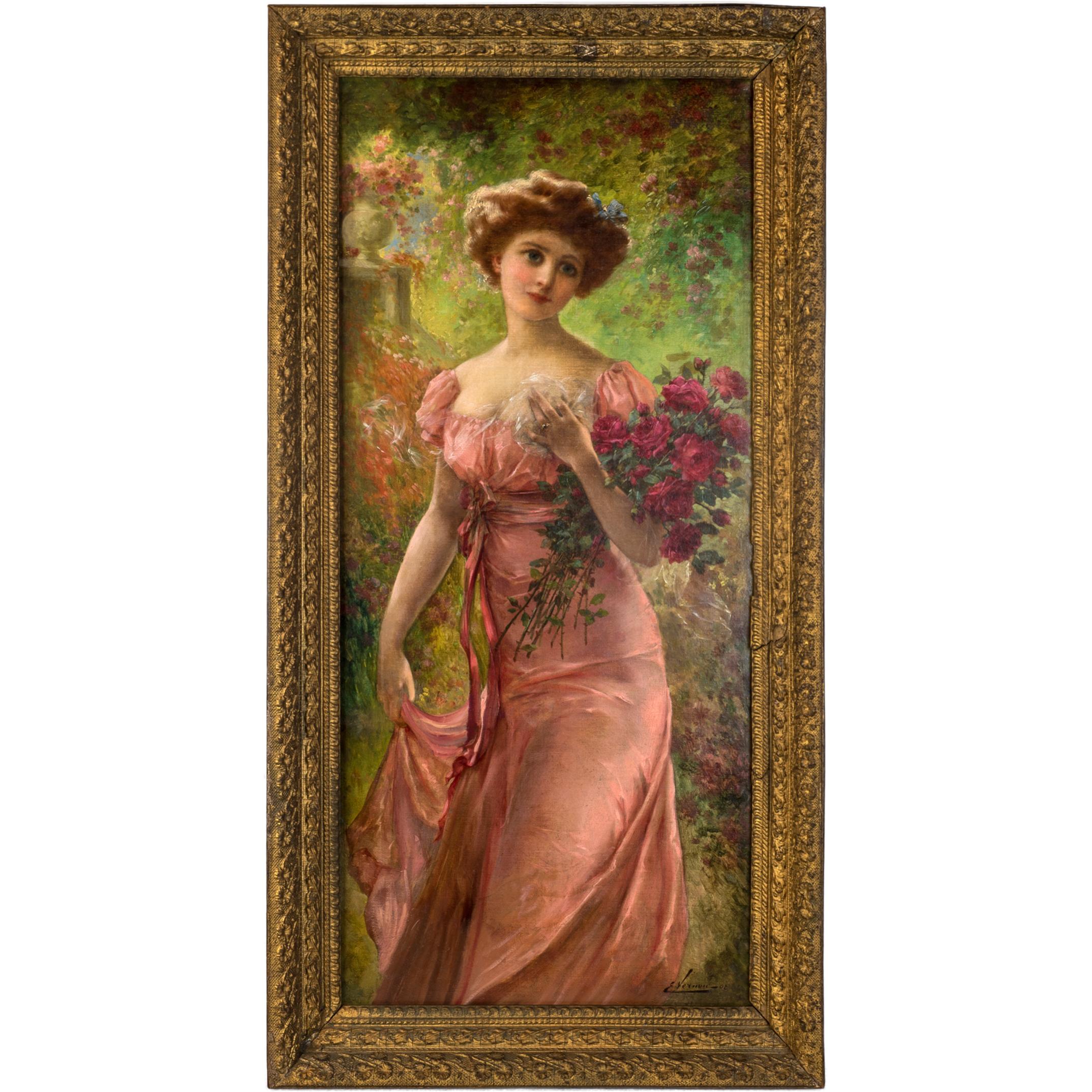 A portrait of a young woman with roses. Four old repairs to the canvas. Signed ‘E Vernon’ LR

Artist: Emile Vernon (1872-1919)
Date: Late 19th century
Origin: French
Medium: oil on canvas
Dimension: Canvas: 30 in. x 13 in.; frame: 16 1/4 in. x