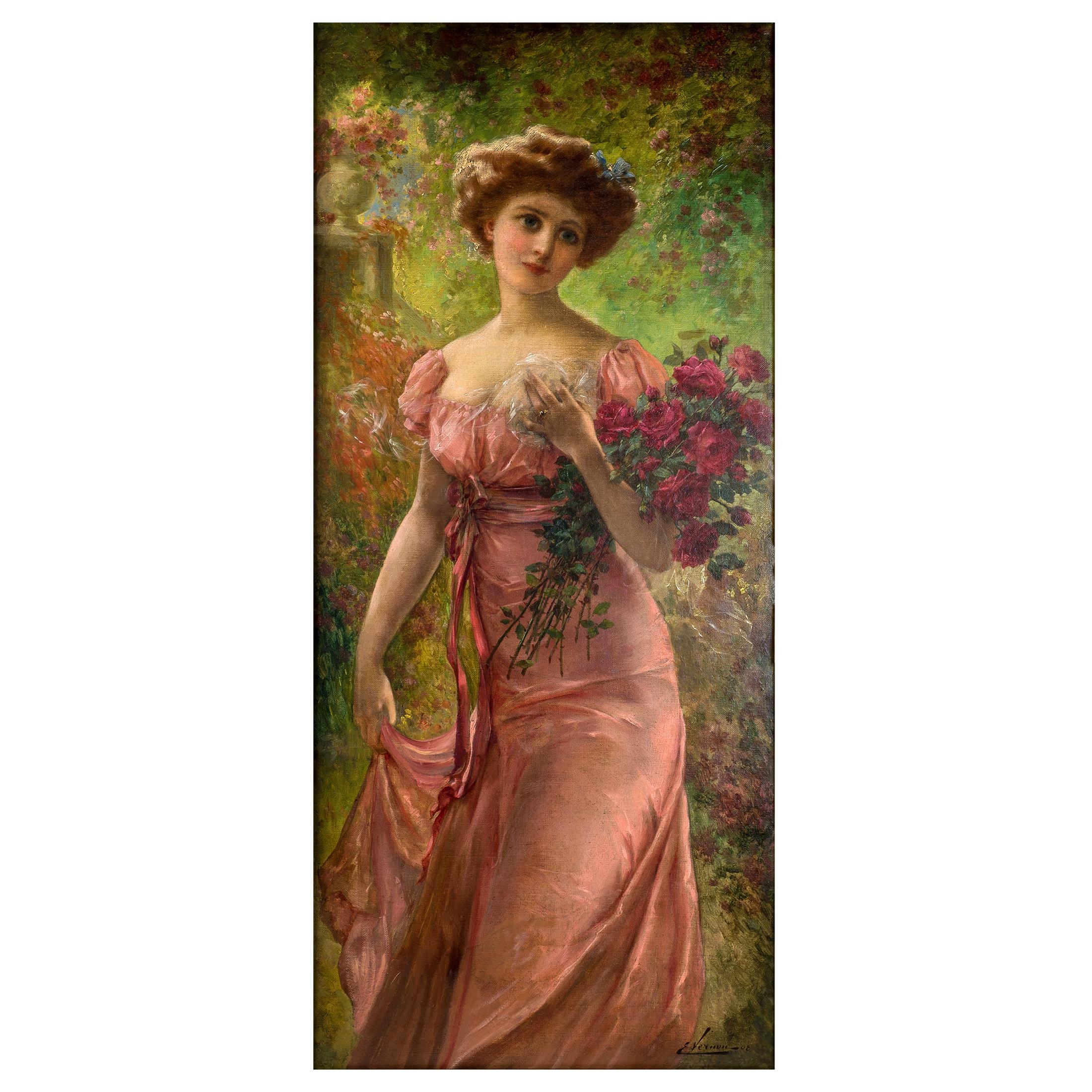 Fine Portrait of a Young Beauty Holding a Bouquet of Roses by Emile Vernon
