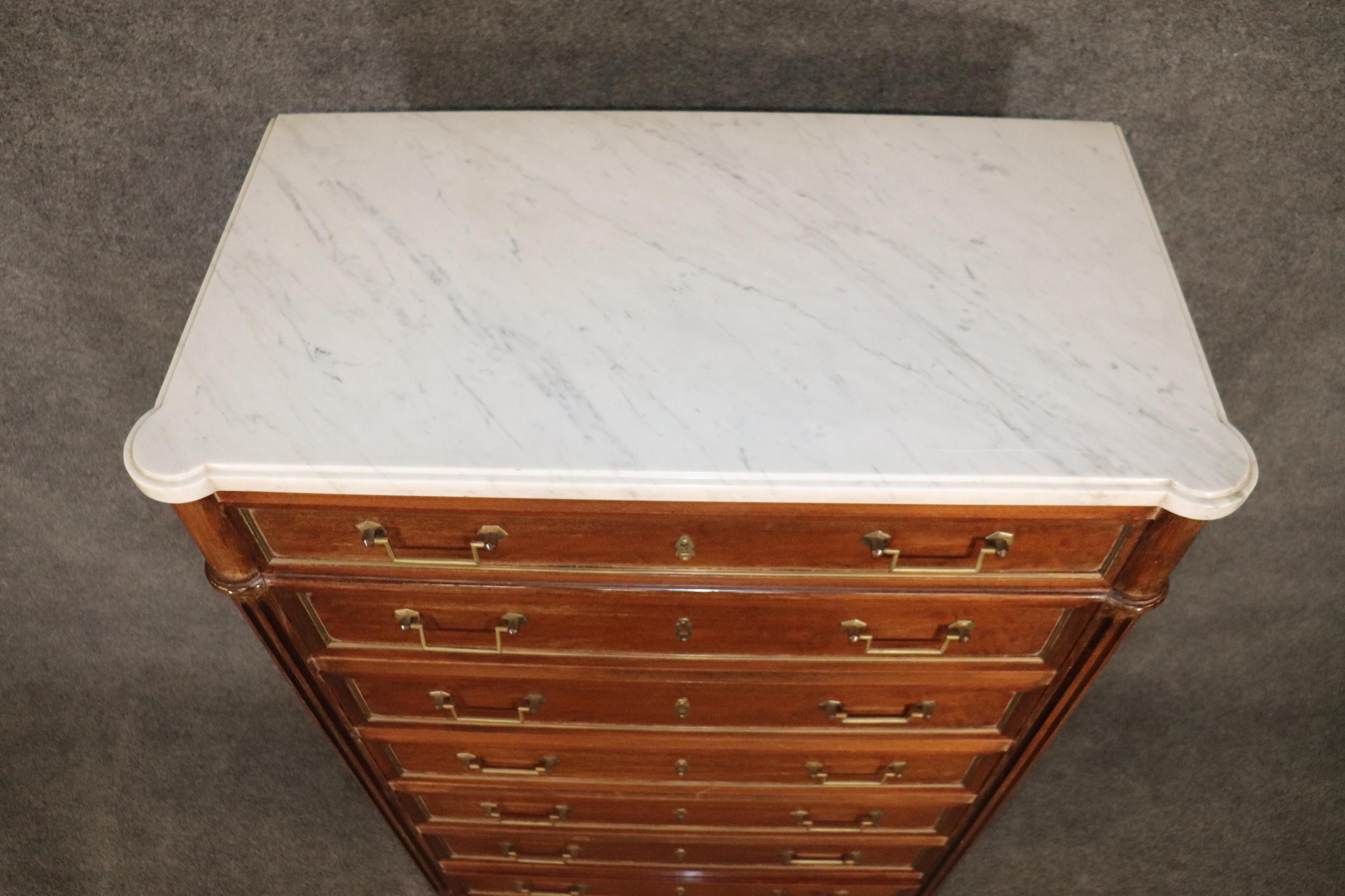 Fine Quaity Walnut French Louis XVI Directoire Brass Trimmed Marble Top Dresser  For Sale 1