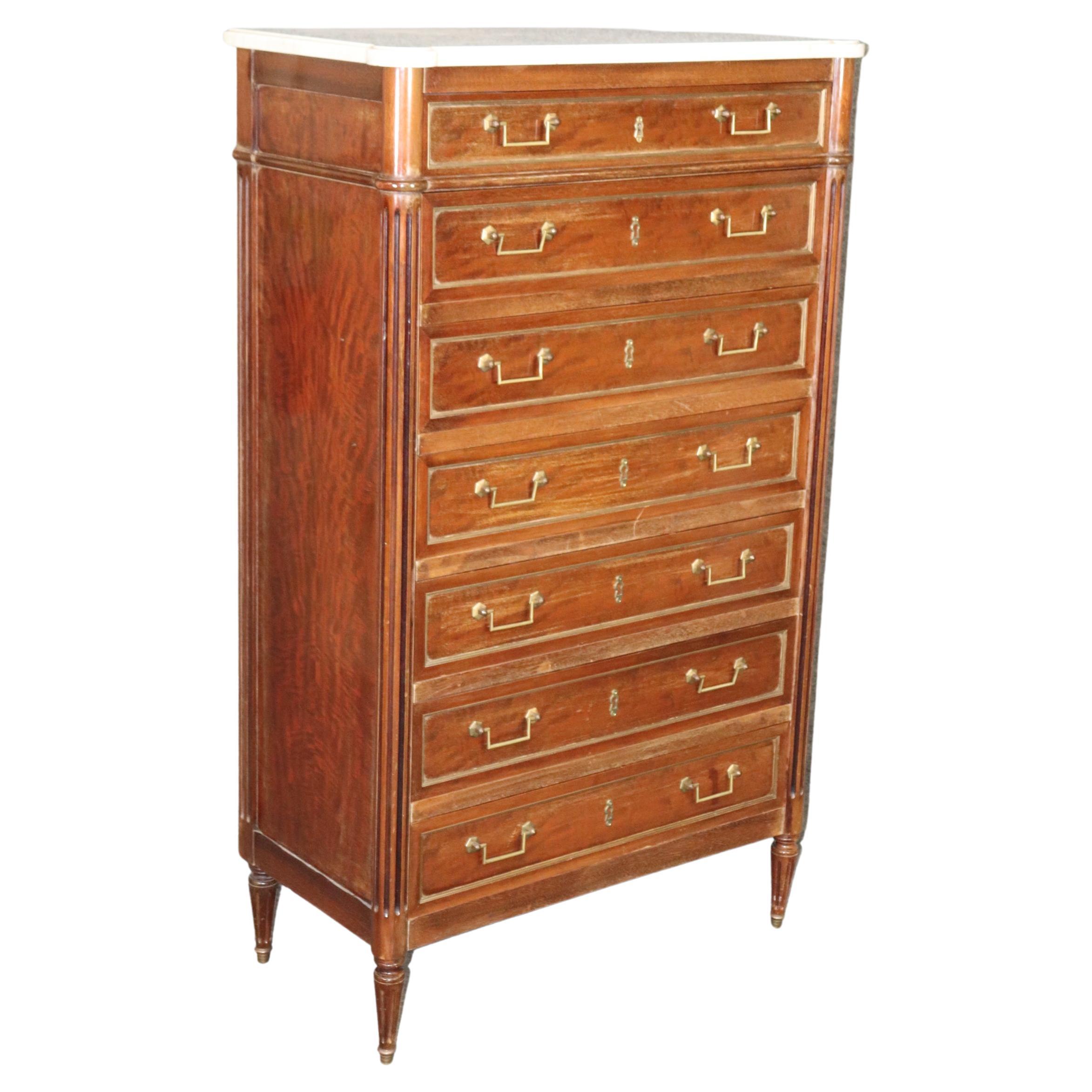 Fine Quaity Walnut French Louis XVI Directoire Brass Trimmed Marble Top Dresser  For Sale