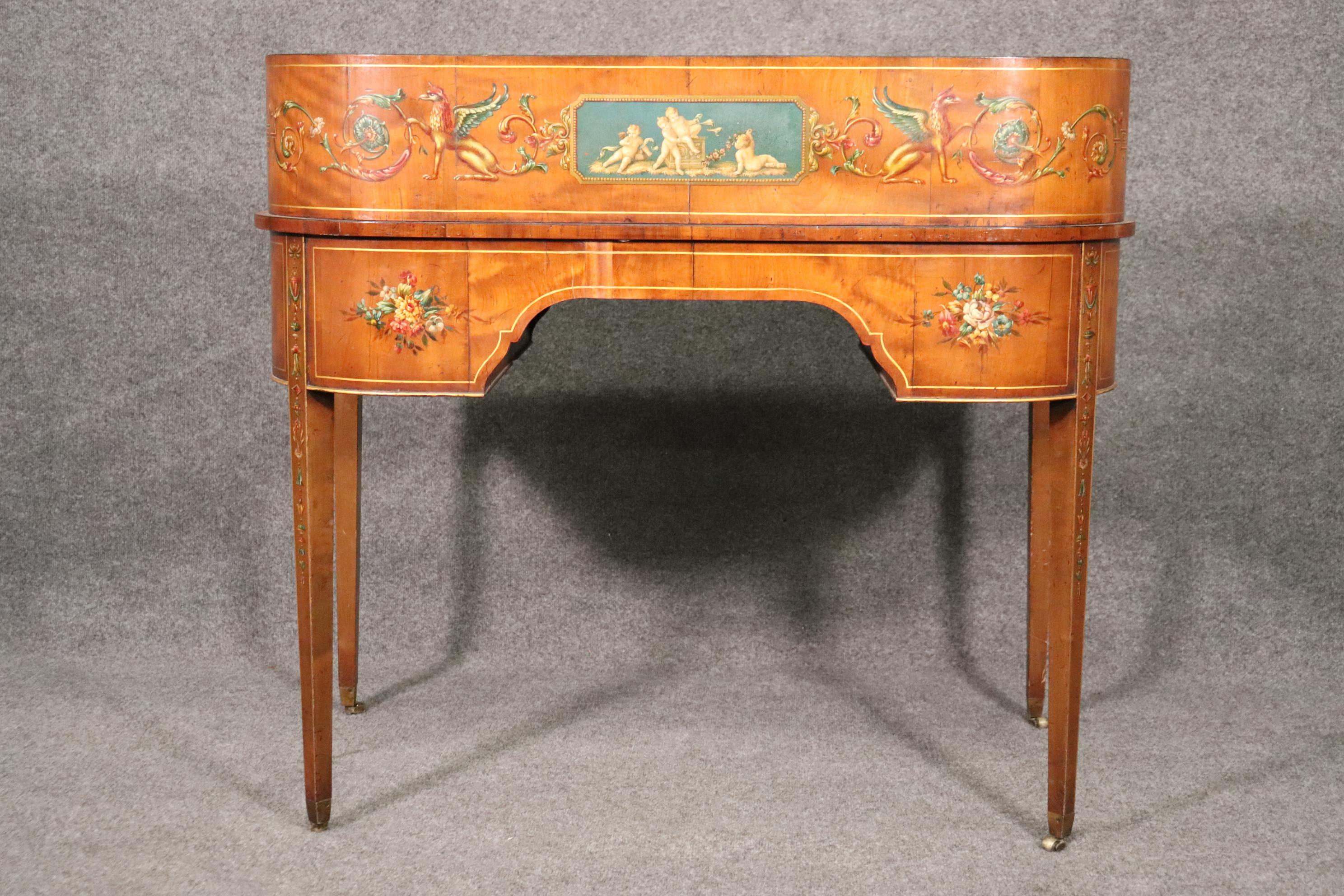 Satinwood Fine Quality 1890s English Adams Paint Decorated Carlton House Desk 