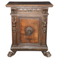 Antique Fine Quality 18th Century Walnut Italian Carved Figural Side Cabinet Commode