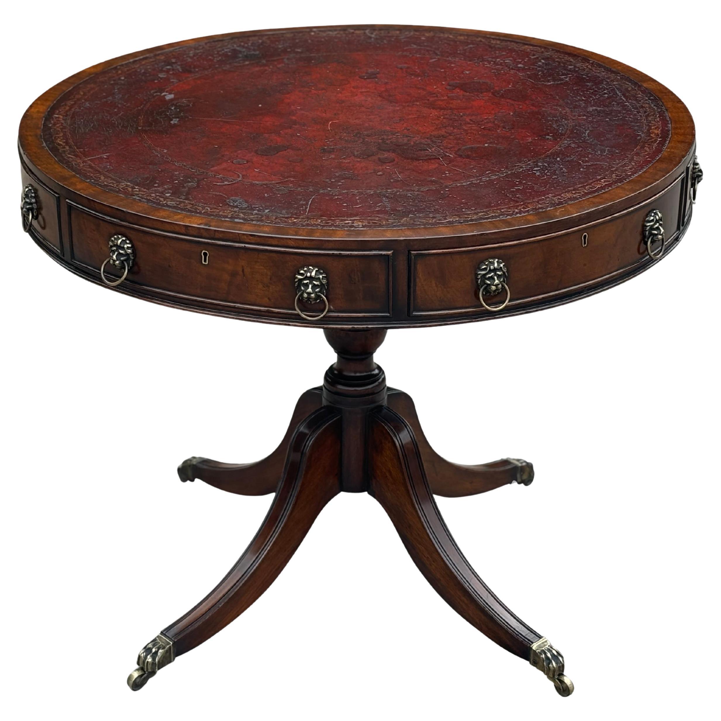 Fine Quality 19th Century Mahogany Burgundy Leather Top Drum Table