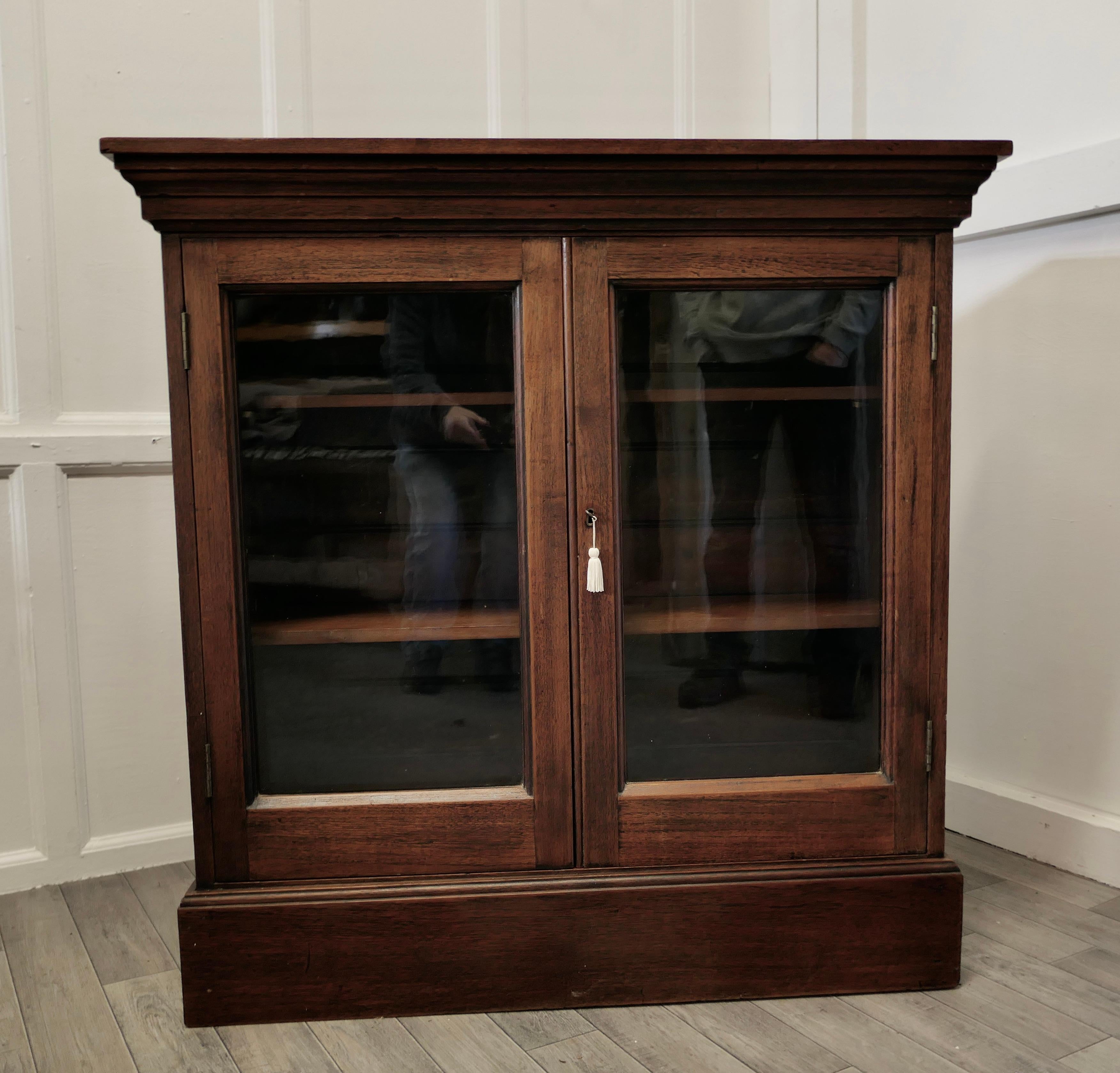 Fine Quality 19th Century Walnut Glazed bookcase.

A Charming Walnut 2 door glazed cupboard or bookcase, this is a fine quality piece, it stands on a deep plinth and it has a moulded cornice
The cabinet has 2 adjustable shelves to the interior,