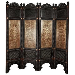 Fine Quality Anglo Indian Carved Padouk & Brass Inlaid Four Fold Screen