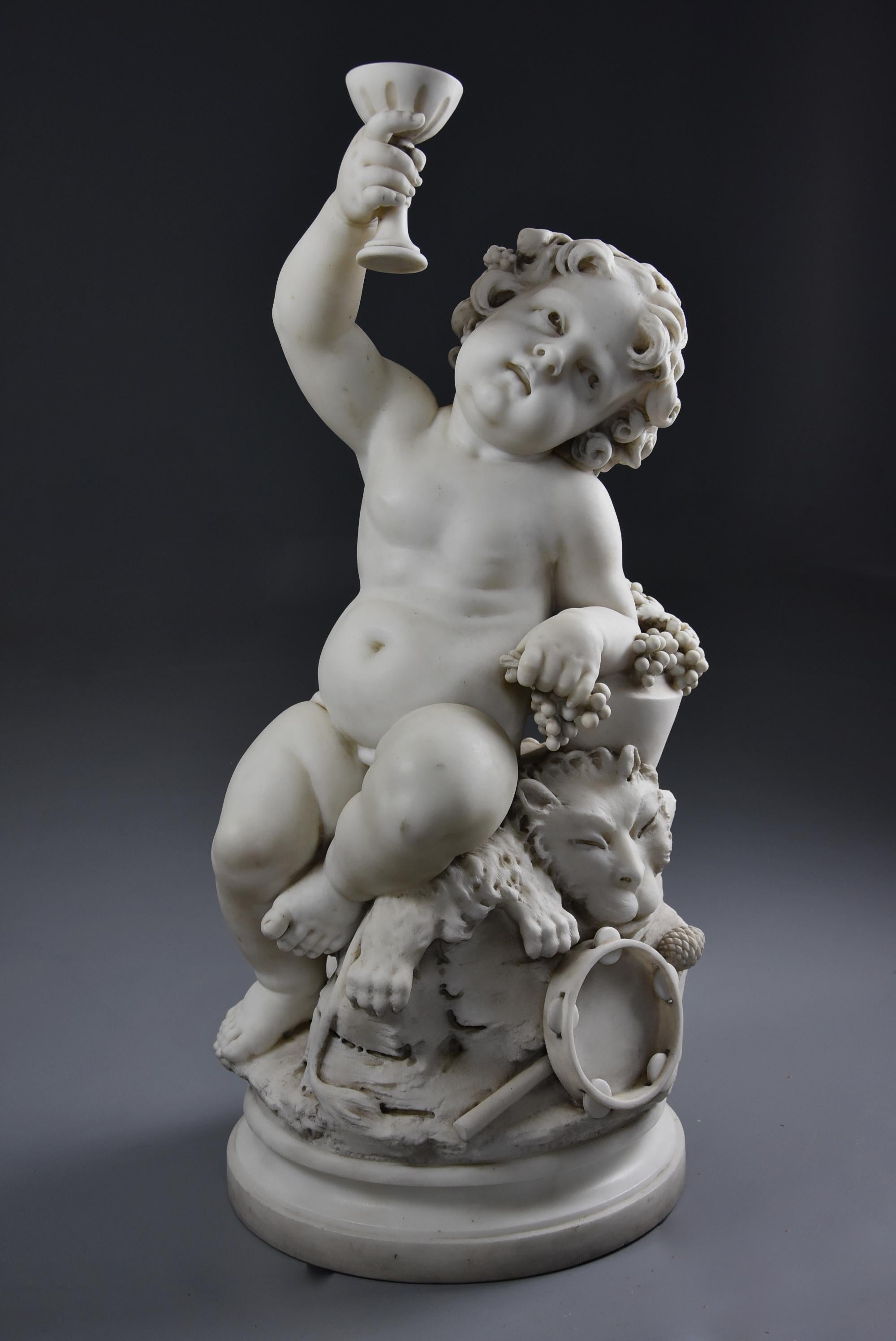 A fine quality late 19th century Italian Carrara marble sculpture of ‘Young Dionysus’ (or Bacchus) signed Aristide Fontana.

The infant is seated on a naturalistic base, holding a goblet in his right hand with grapes, a lion skin, thyrsos (pine