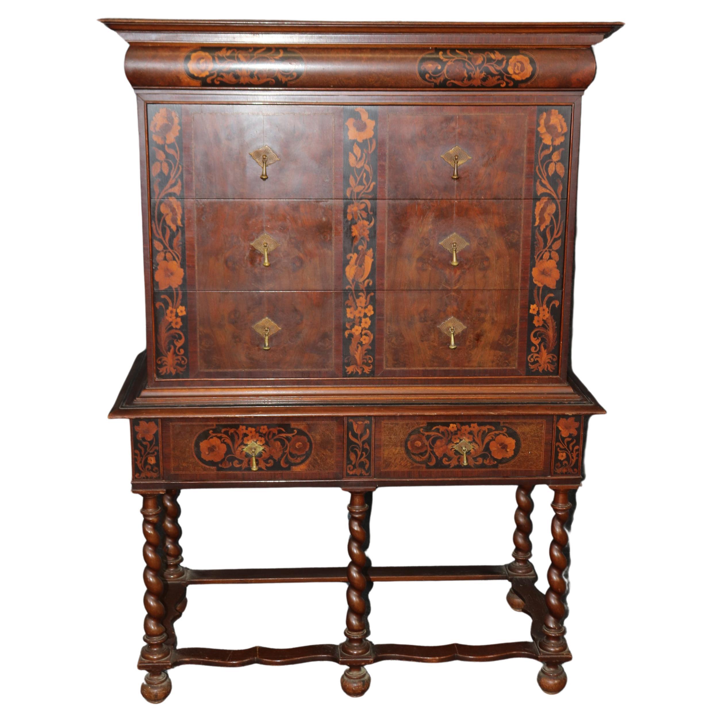 Fine Quality American Made Inlaid Walnut William and Mary Style Tall Chest  For Sale