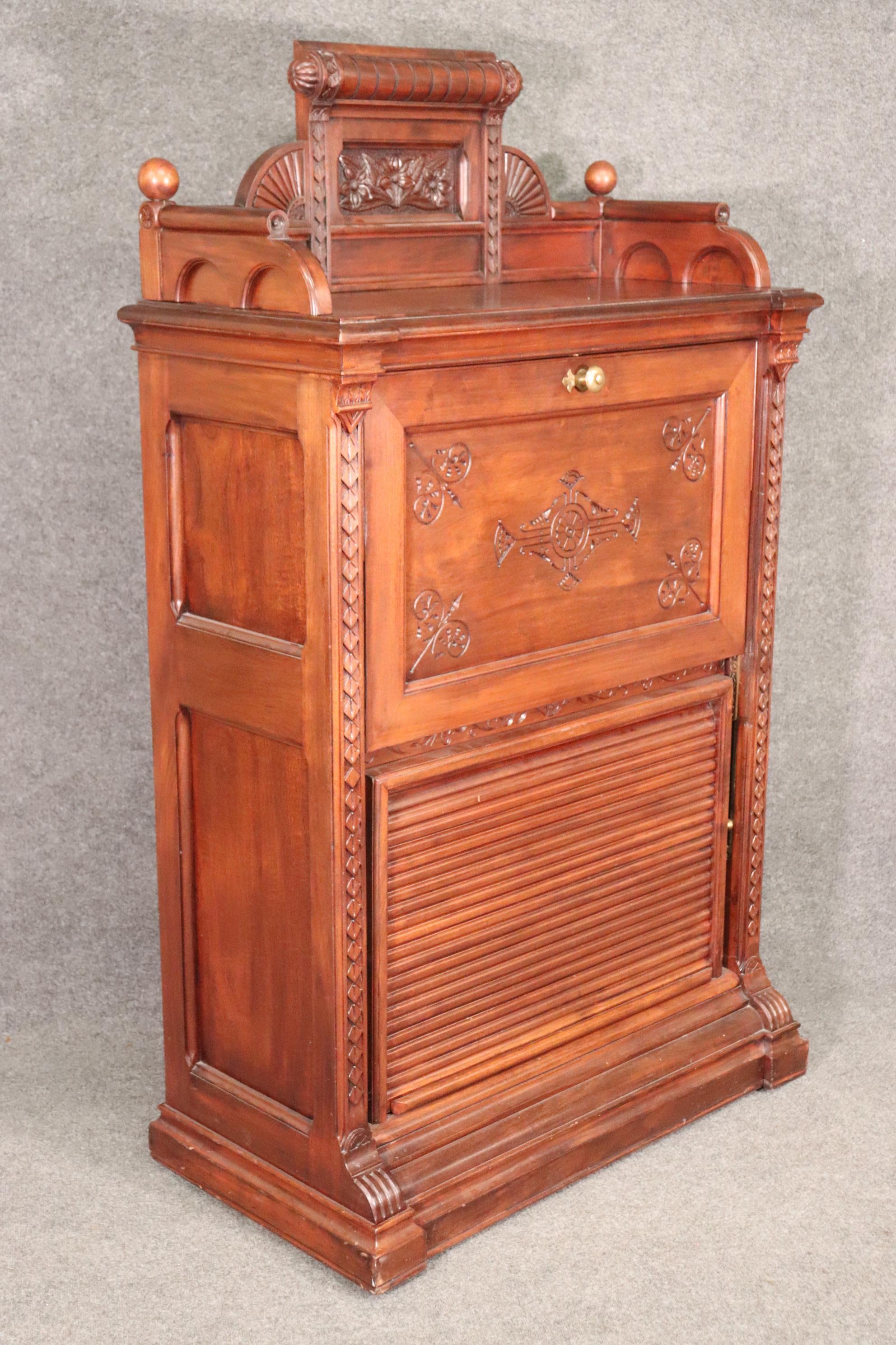 High Victorian Fine Quality American Victorian Carved Walnut Secretary Desk Circa 1870