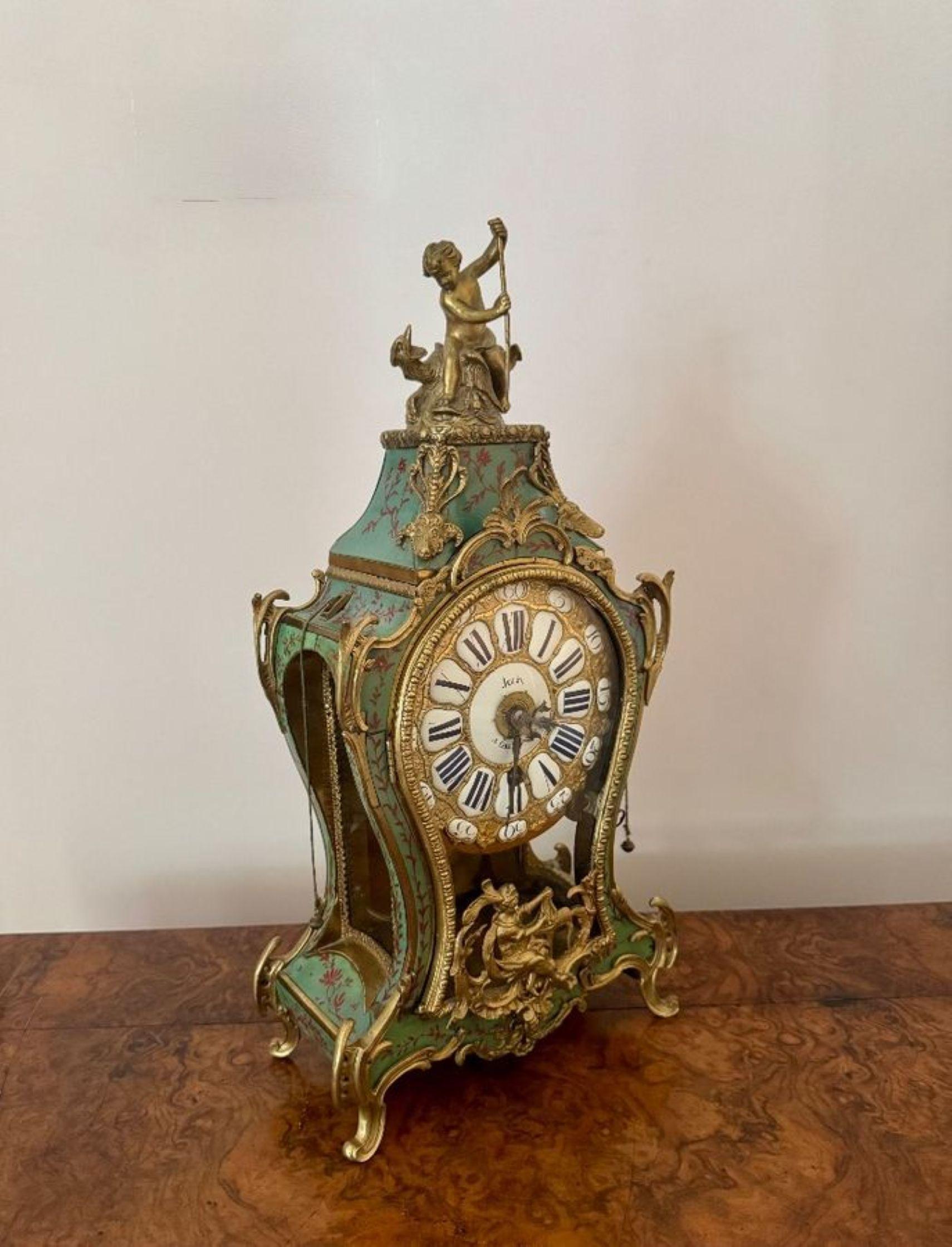 Fine quality antique 19th Century French ormolu mantle clock, having a fine quality antique French Rococo style mantle clock, having a fantastic quality decorated case with ormolu detailing with rams heads and scrolls over green panels hand painted