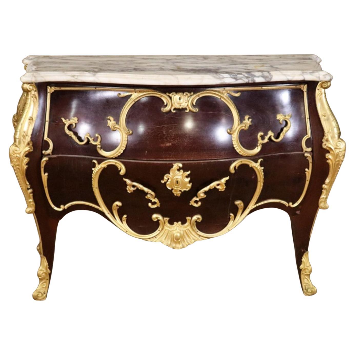 Fine Quality Antique Bronze Mounted Marble Top Louis XV French Commode For Sale