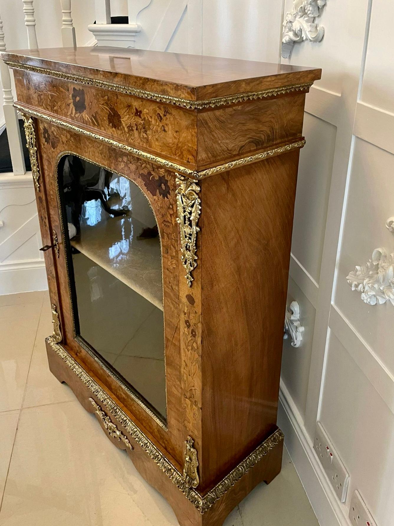 English Fine Quality Antique Burr Walnut Marquetry Inlaid Ormolu Mounted Display Cabinet For Sale