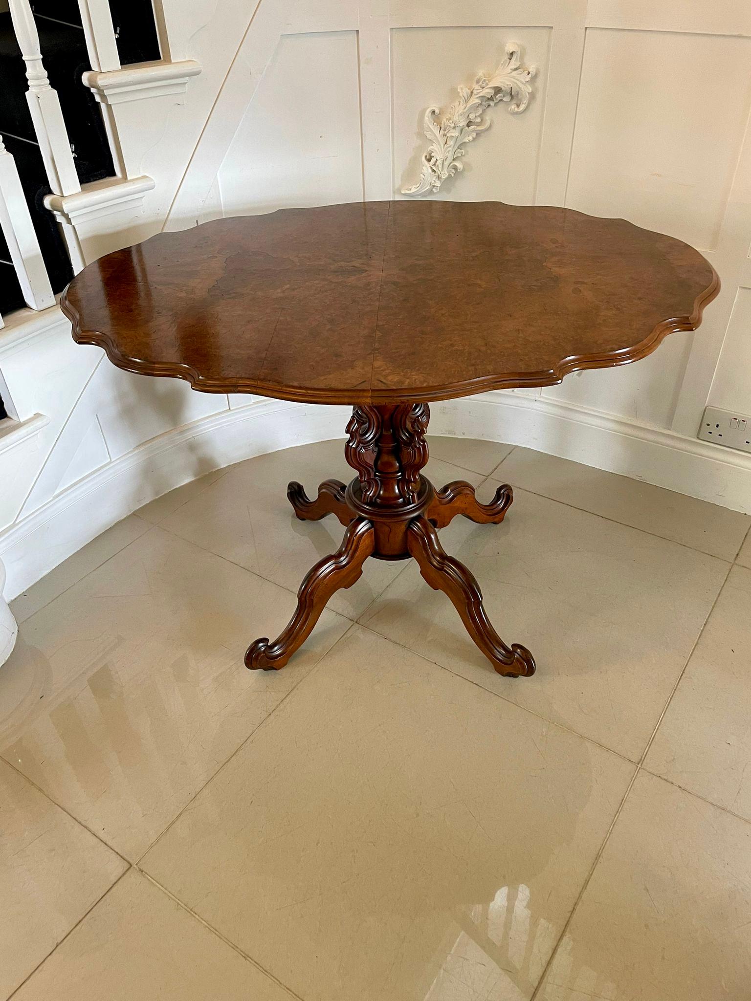 English Fine Quality Antique Burr Walnut Shaped Tilt Top Centre Table For Sale