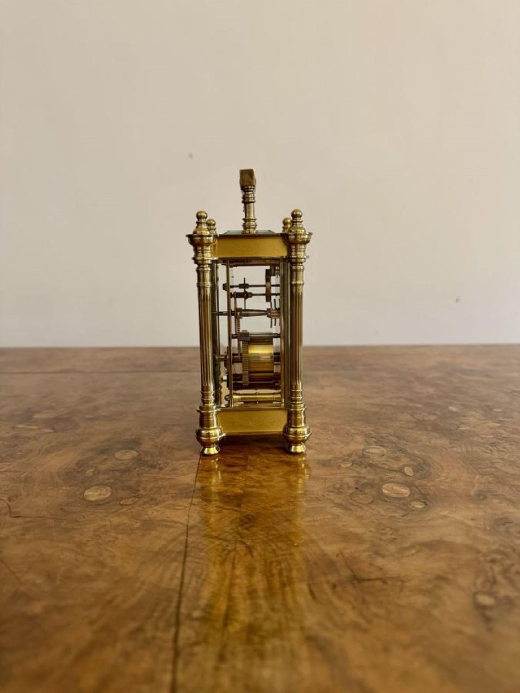 Fine quality antique carriage clock by Mappin and Webb, having a fine quality antique carriage clock with beautiful floral fretwork frontage surrounding a white porcelain dial with Roman numerals the original hands and an eight day movement, having