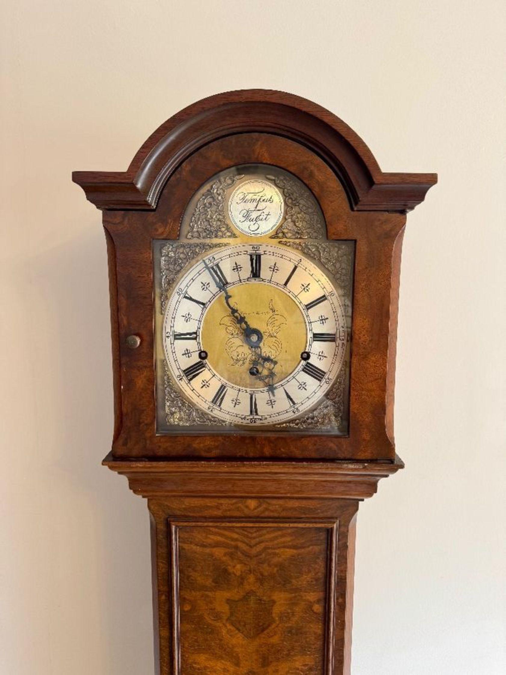 British Fine quality antique Edwardian burr walnut grandmother clock by Mappin and Webb For Sale