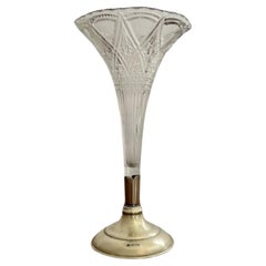 Fine quality antique Edwardian cut glass and silver plated fluted spill vase 