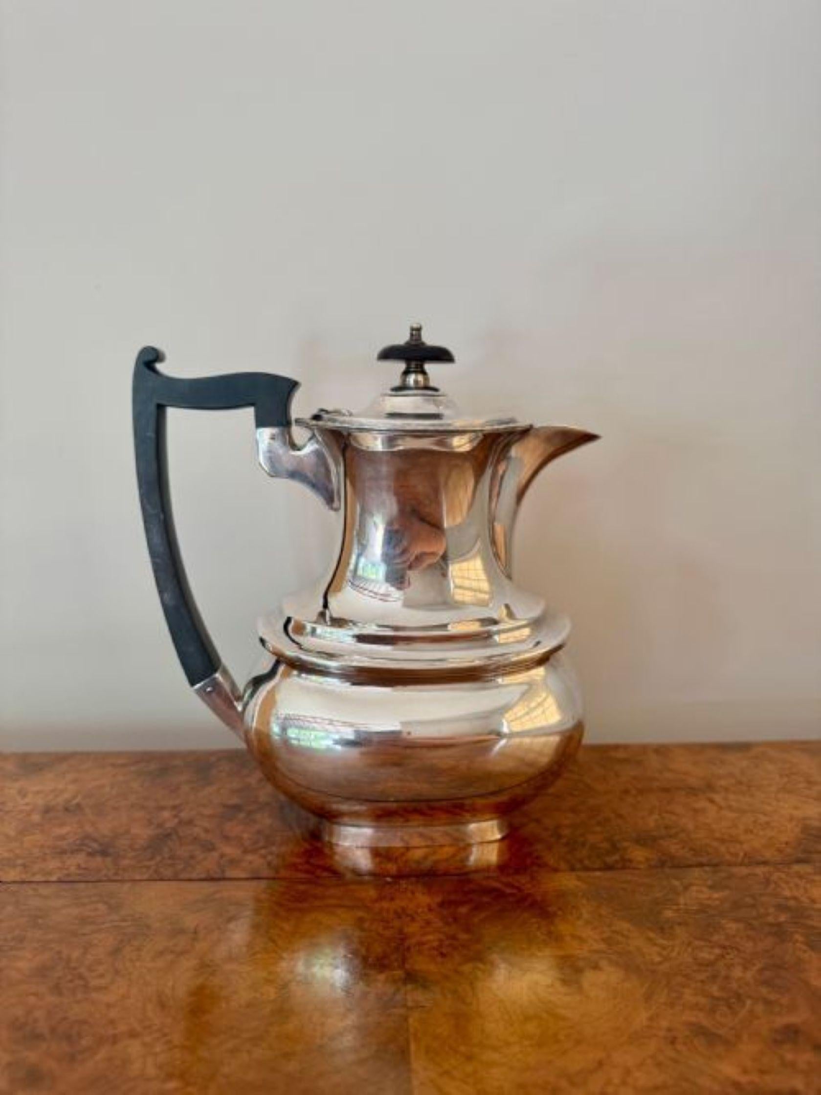 Fine quality antique Edwardian four piece silver plated tea set by Walker and Hall, consisting of a silver plated hot water jug, tea pot, milk jug and sugar bowl. 
Perfect condition, stamped to base. 

D. 1900